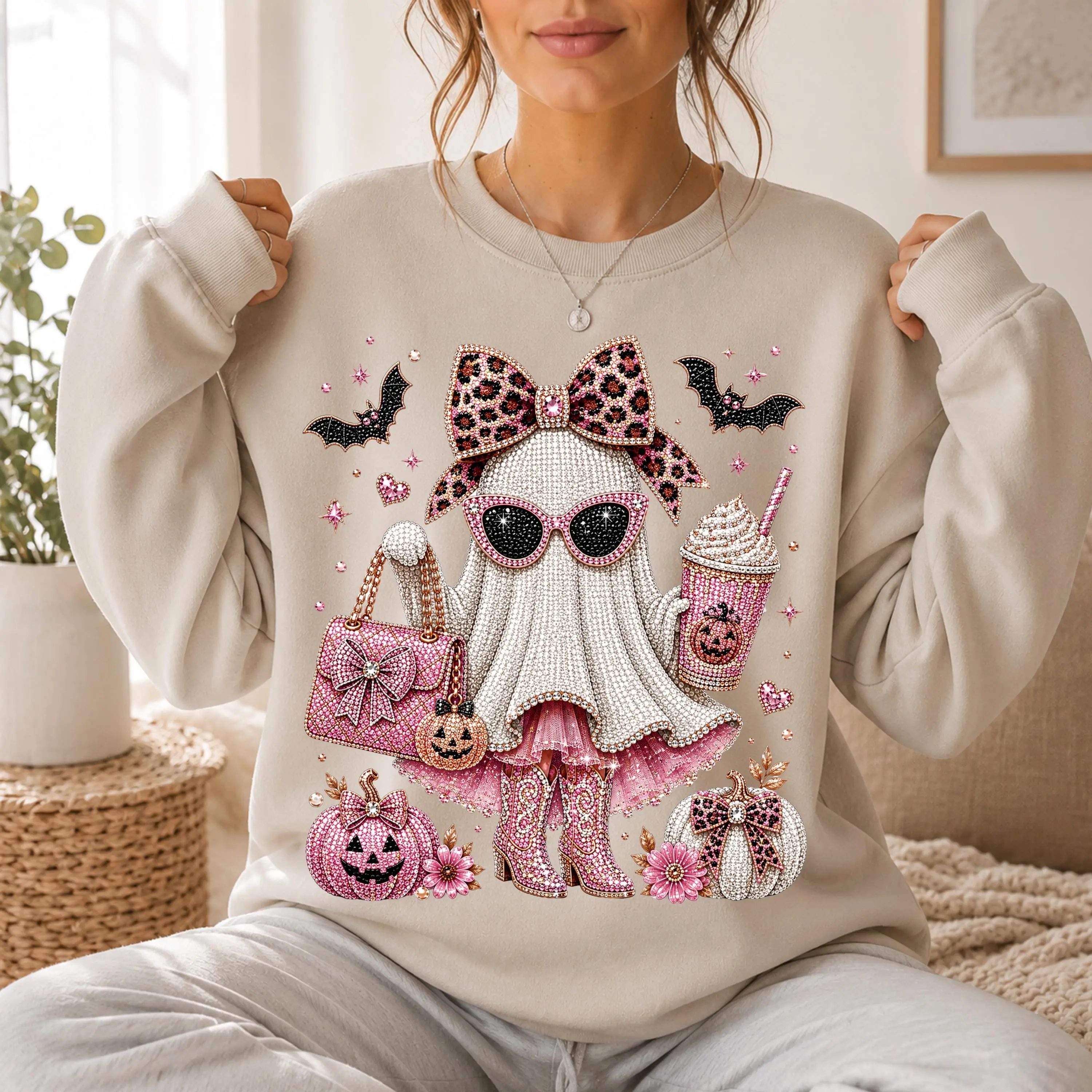 Cute Rhinestone Ghost Sweatshirt Women