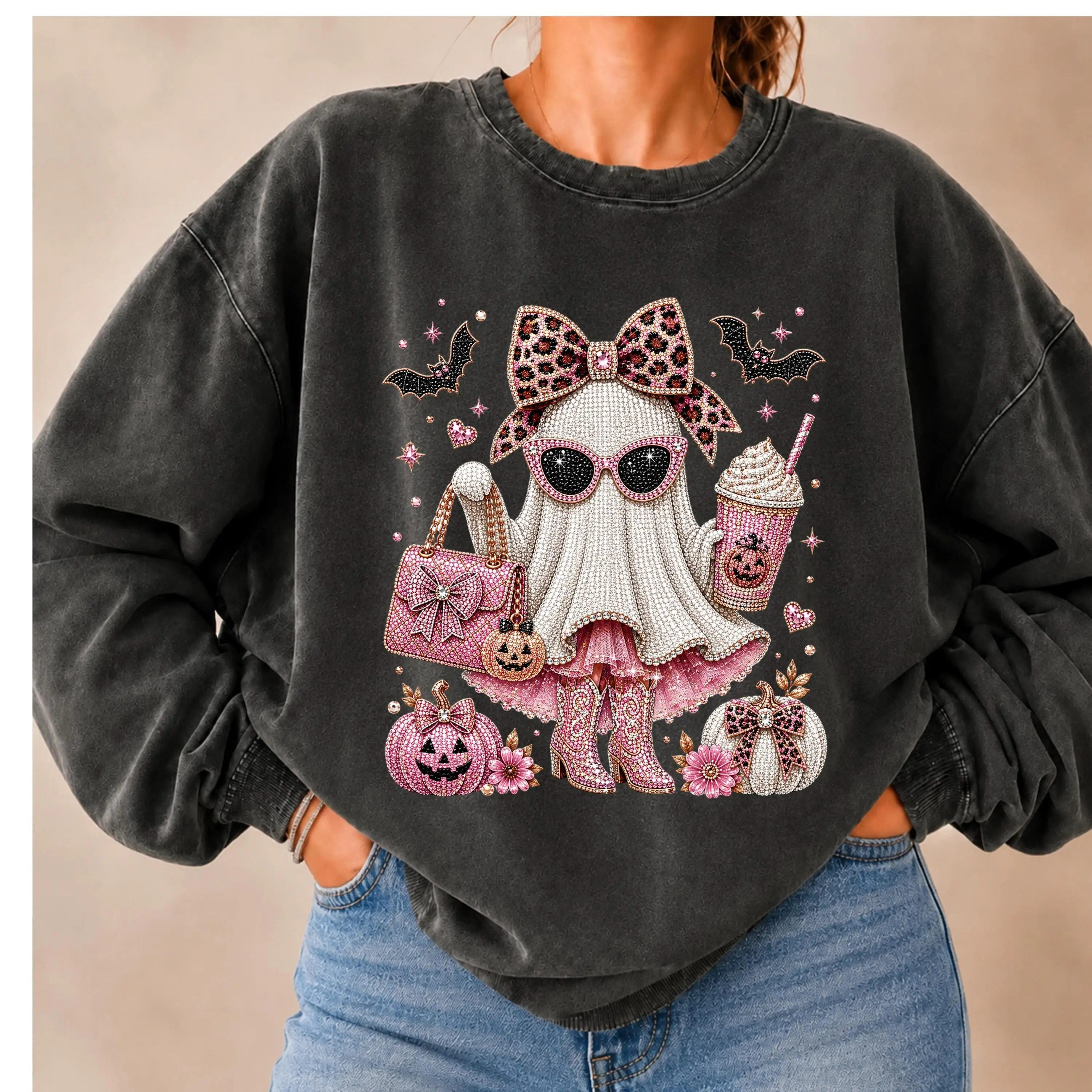 Cute Rhinestone Ghost Sweatshirt Women - photo 2