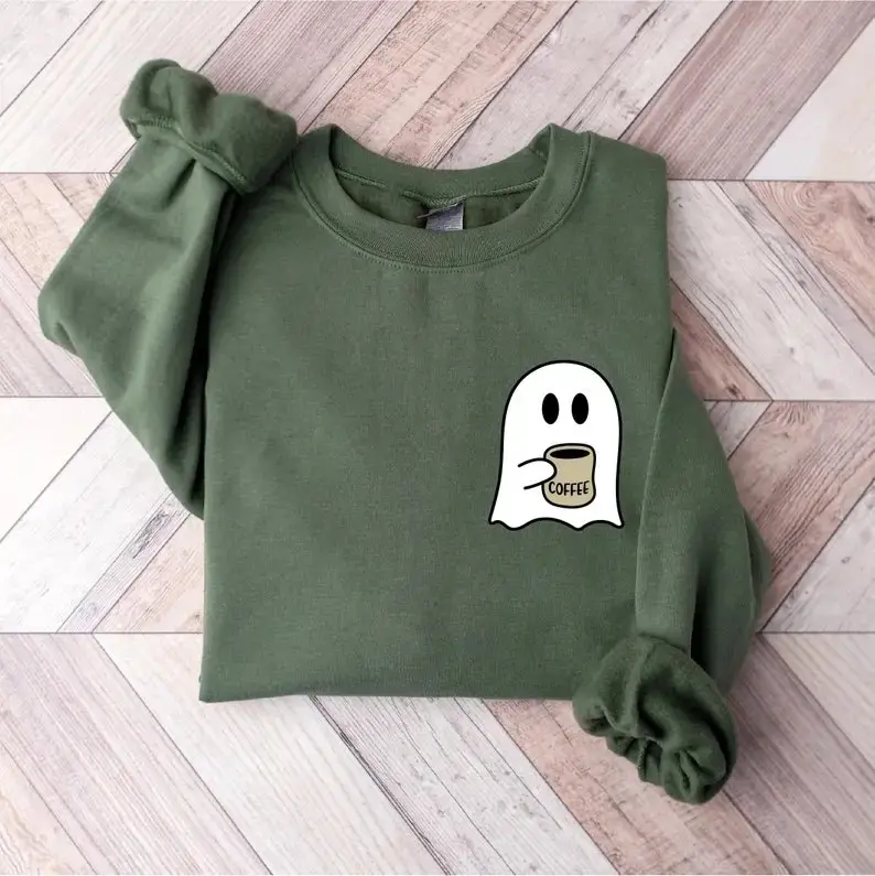 Cute Spooky Coffee Shirt for Women, Ghost Graphic Tee, Halloween Fall Season Lover Casual Comfy Cotton Top