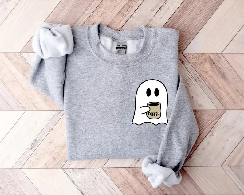 Cute Spooky Coffee Shirt for Women, Ghost Graphic Tee, Halloween Fall Season Lover Casual Comfy Cotton Top - photo 3