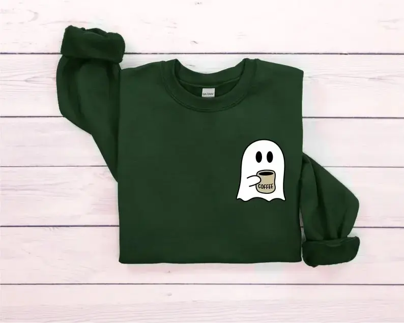 Cute Spooky Coffee Sweatshirt for Women, Ghost Graphic Crewneck, Halloween Fall Season Lover Casual Comfy Cotton Top - photo 2