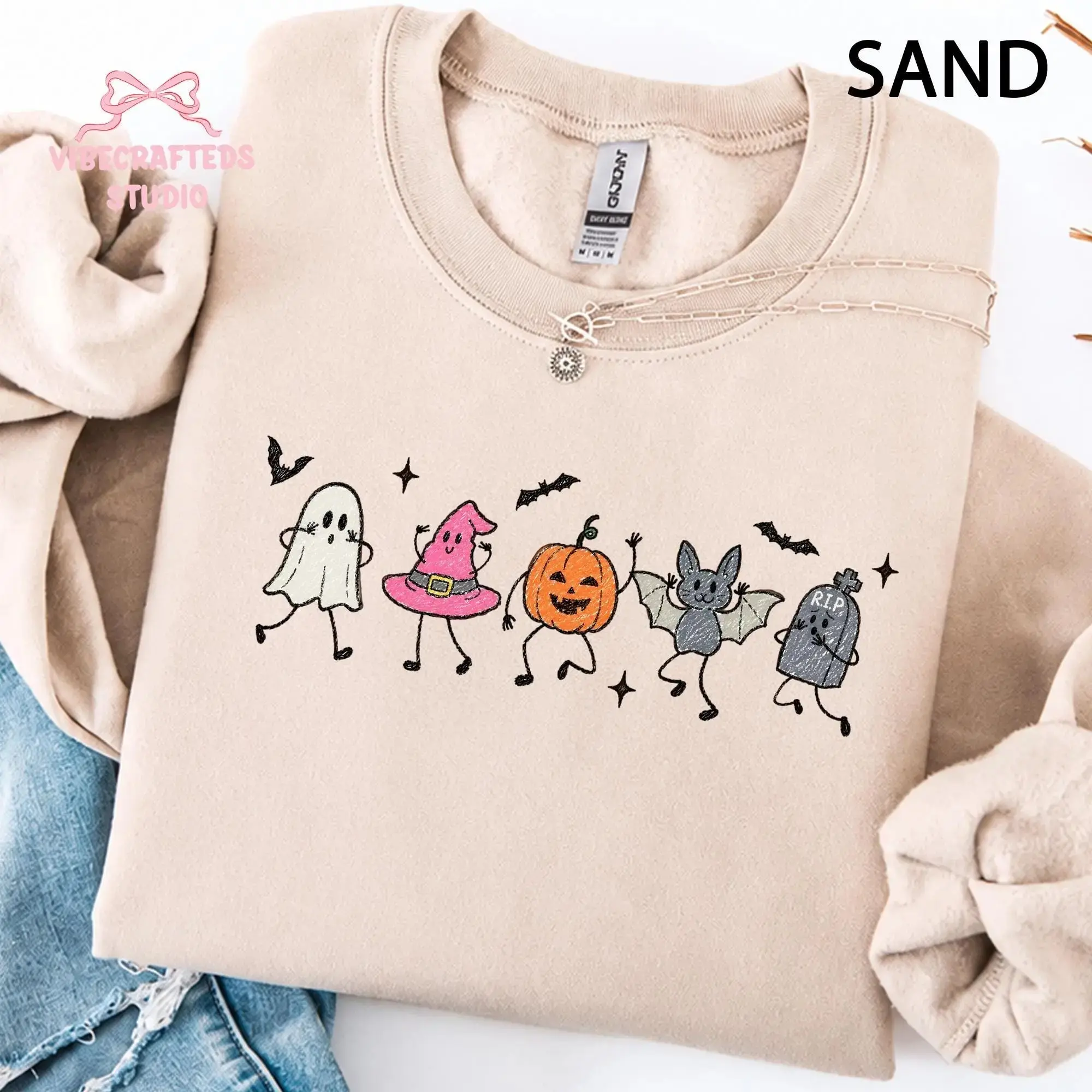 Cute Spooky Friends Unisex Halloween Sweatshirt, Ghost Pumpkin Bat Witch Fall Season Gift Crewneck - photo 2