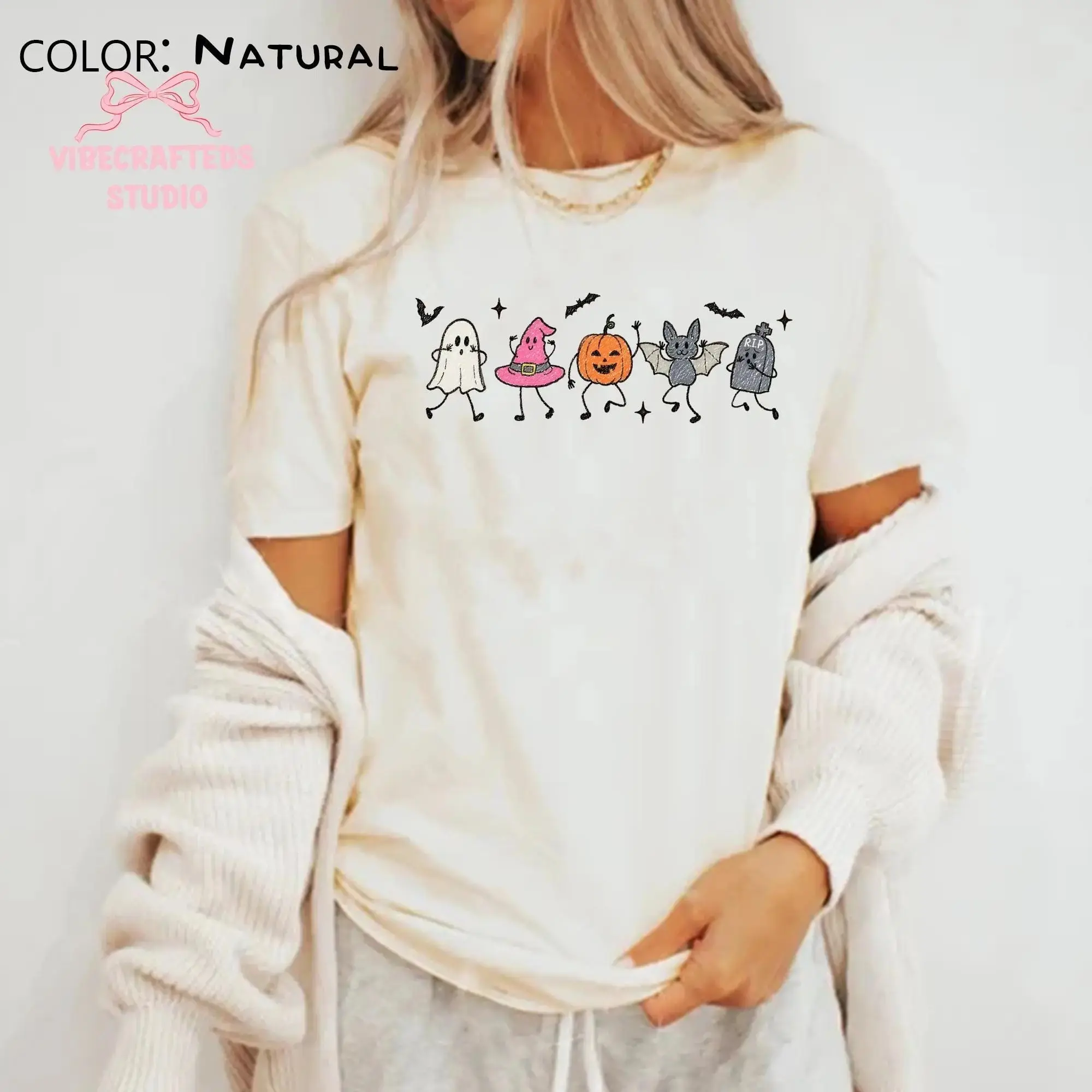 Cute Spooky Friends Unisex Halloween Sweatshirt, Ghost Pumpkin Bat Witch Fall Season Gift Crewneck - photo 3