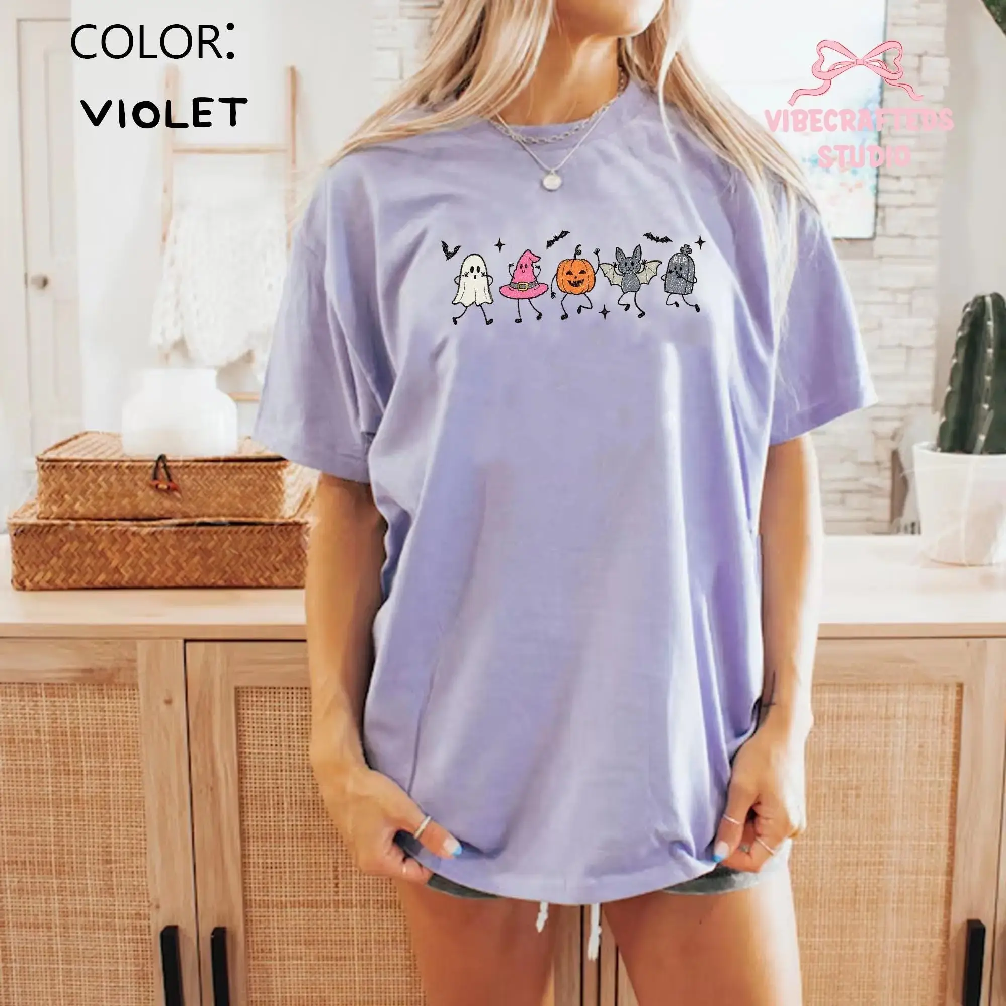 Cute Spooky Friends Unisex Halloween Sweatshirt, Ghost Pumpkin Bat Witch Fall Season Gift Crewneck - photo 4