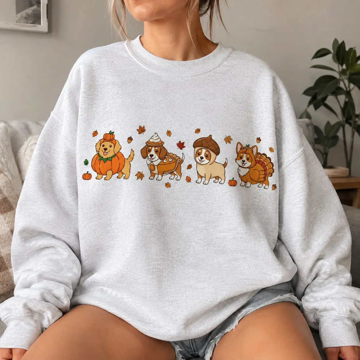 Cute Thanksgiving Dog Sweatshirt, Fall Puppy Pumpkin Turkey Crewneck, Autumn Pet Mom Lover Gift