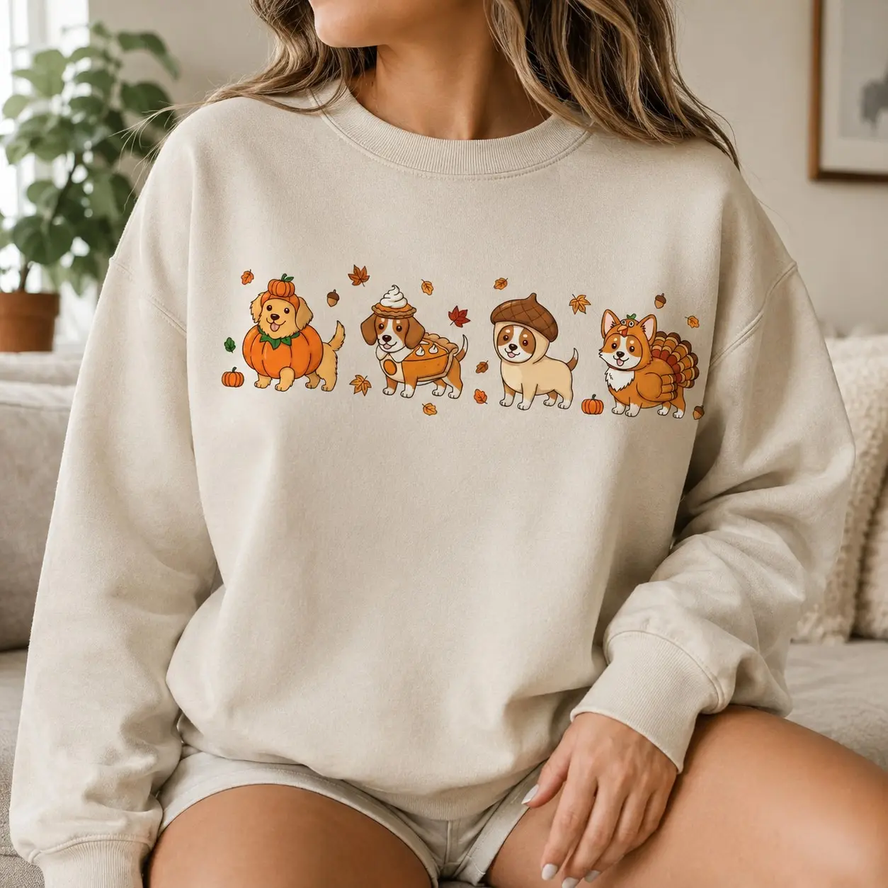 Cute Thanksgiving Dog Sweatshirt, Fall Puppy Pumpkin Turkey Crewneck, Autumn Pet Mom Lover Gift - photo 2