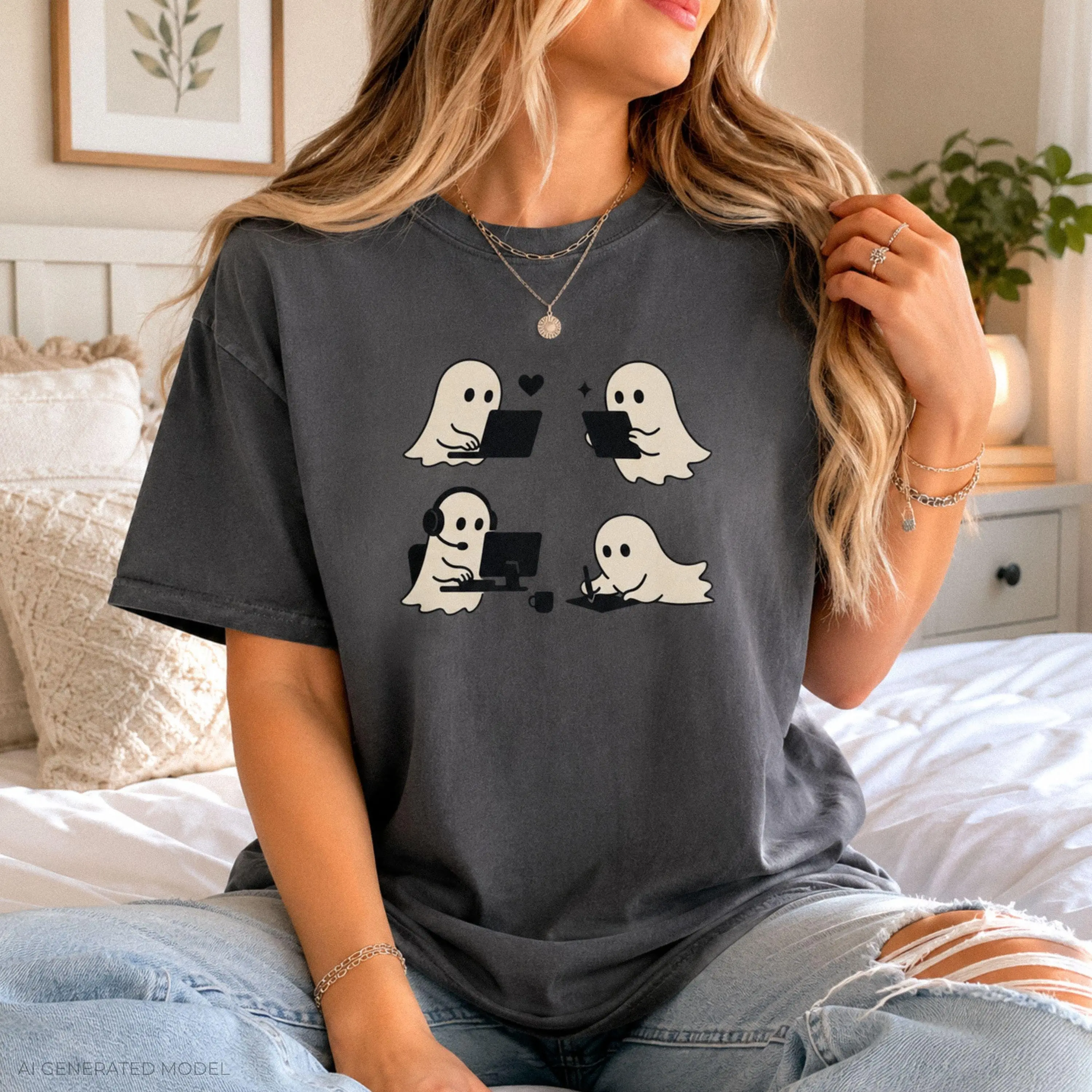 Comfort Colors Cute Working Ghost Shirt, Funny Spooky Season Cozy Fall Unisex Halloween Graphic Tee