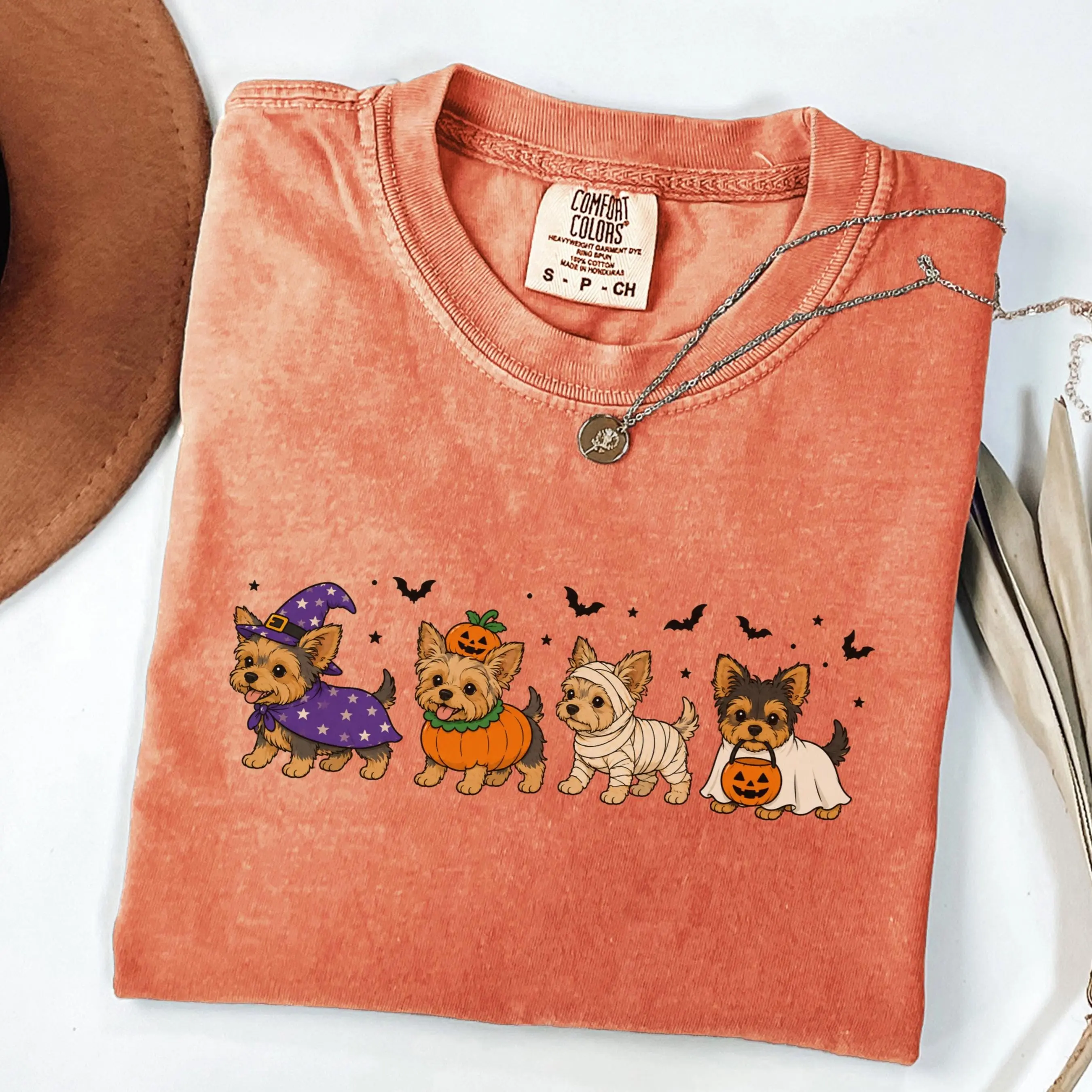 Cute Yorkie Halloween Shirt, Yorkshire Terrier Witch Pumpkin Ghost Graphic Tee, Dog Mom Gift Top