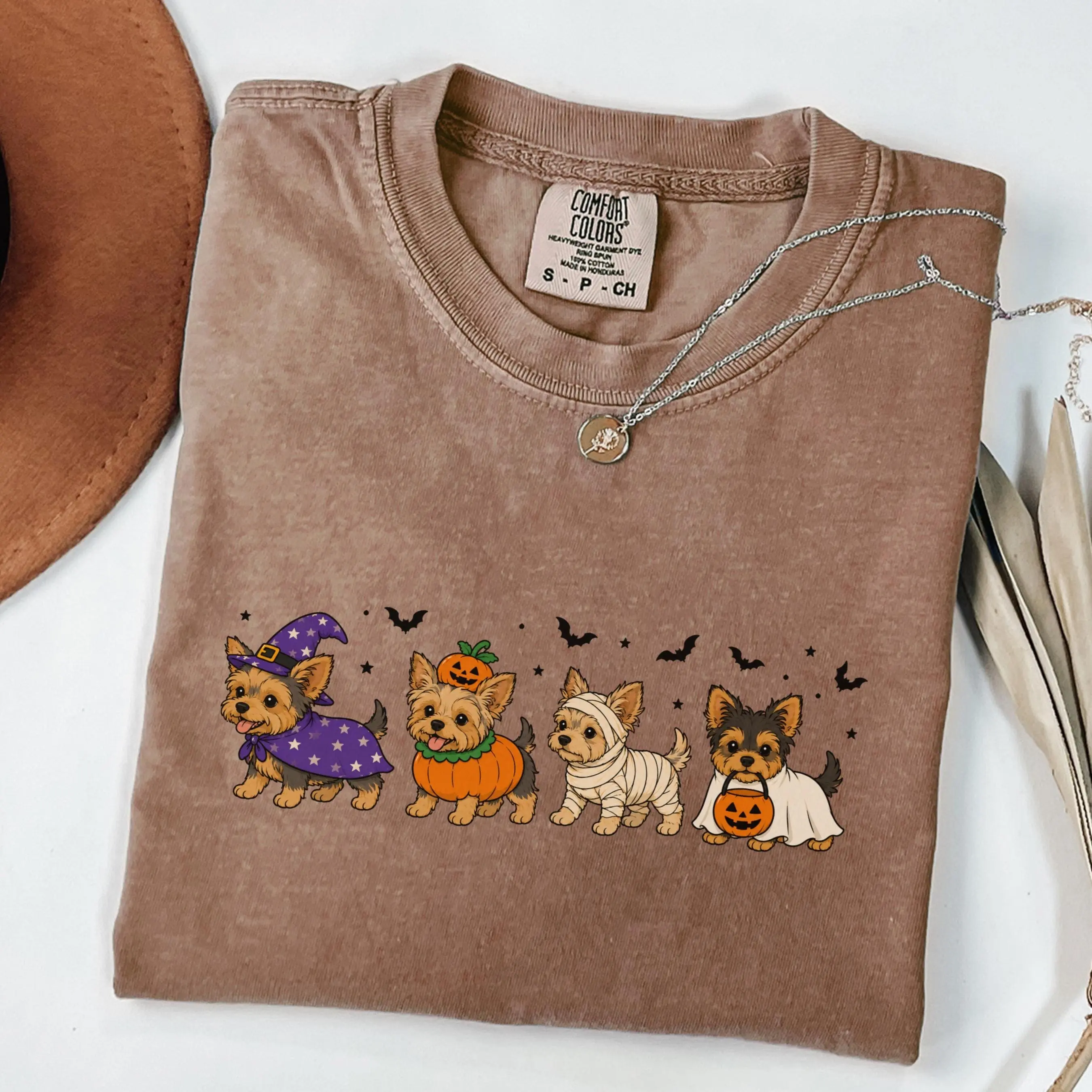Cute Yorkie Halloween Shirt, Yorkshire Terrier Witch Pumpkin Ghost Graphic Tee, Dog Mom Gift Top - photo 2