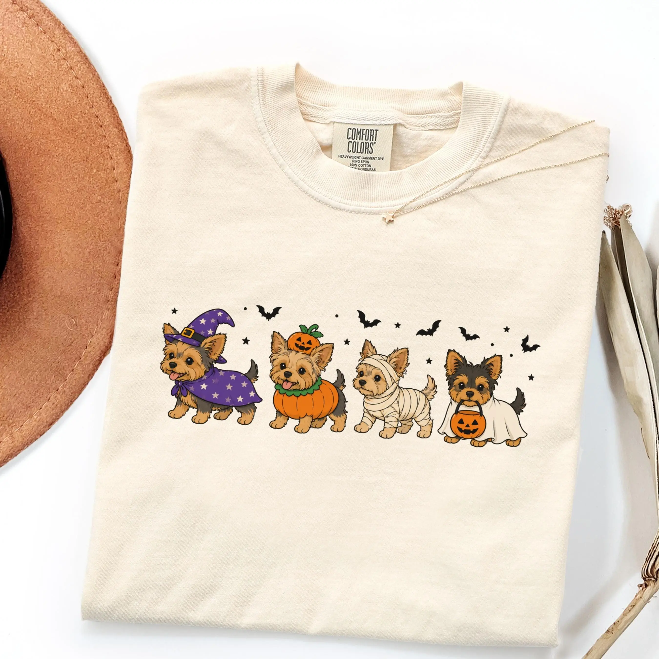 Cute Yorkie Halloween Shirt, Yorkshire Terrier Witch Pumpkin Ghost Graphic Tee, Dog Mom Gift Top - photo 3