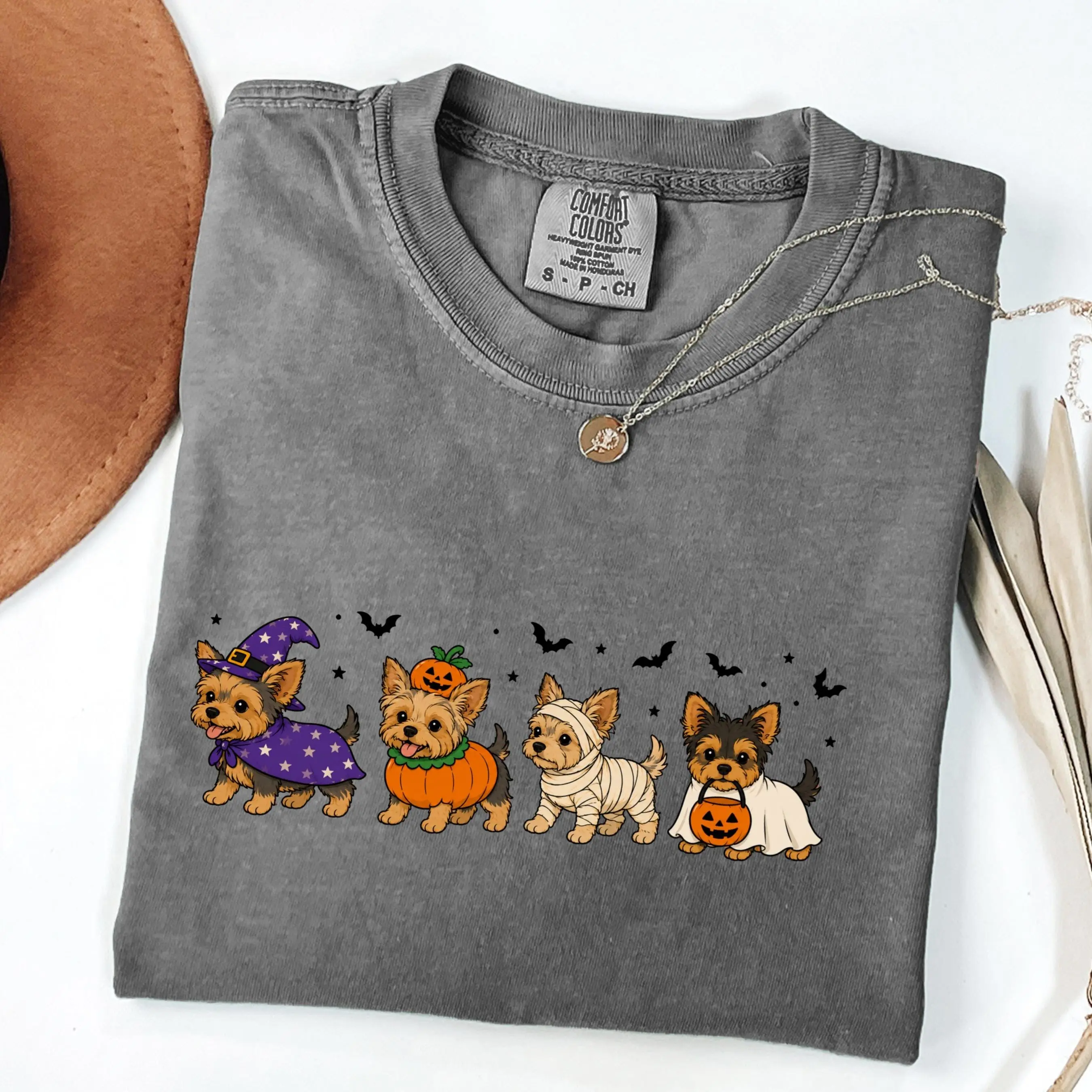 Cute Yorkie Halloween Shirt, Yorkshire Terrier Witch Pumpkin Ghost Graphic Tee, Dog Mom Gift Top - photo 4