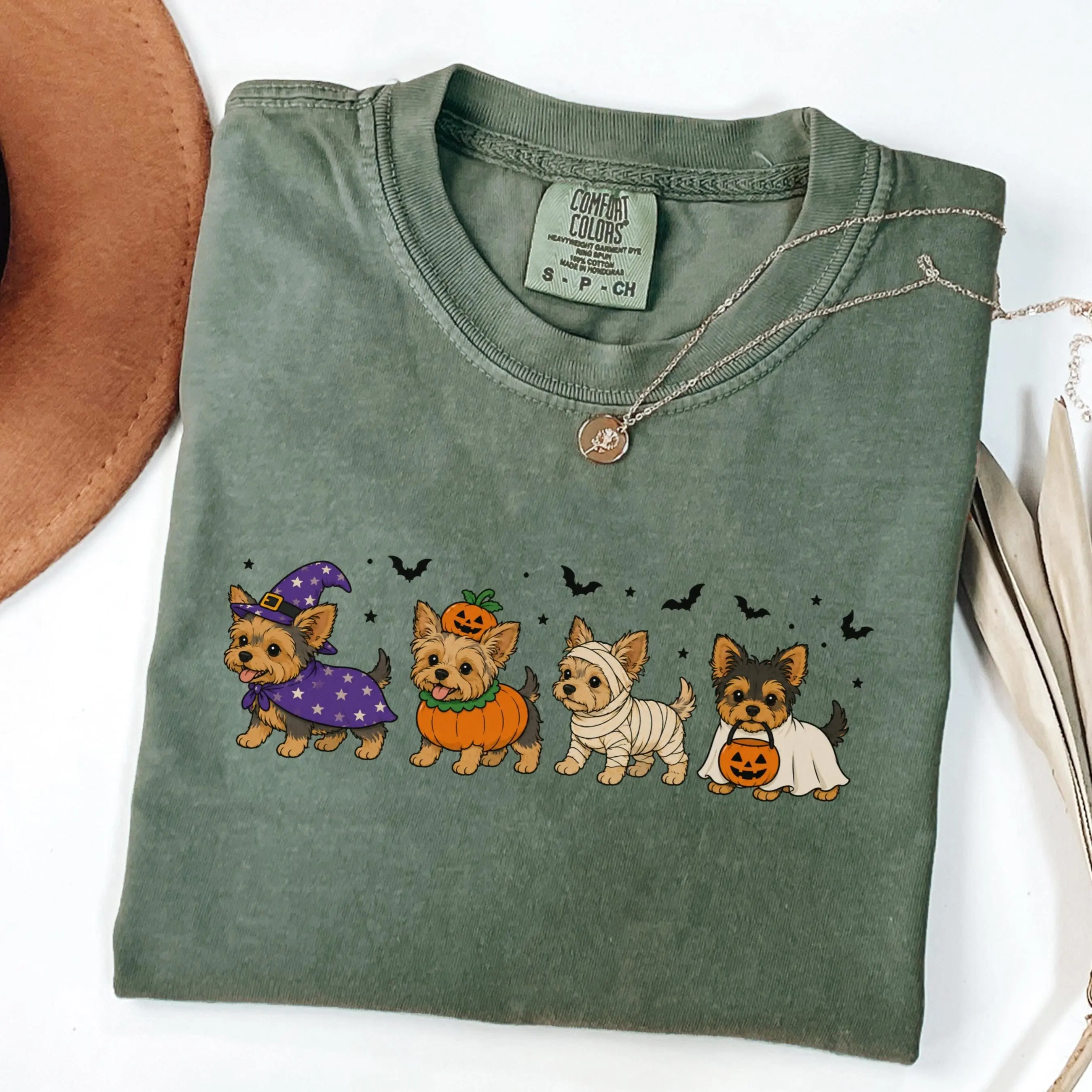 Cute Yorkie Halloween Shirt, Yorkshire Terrier Witch Pumpkin Ghost Graphic Tee, Dog Mom Gift Top - photo 5