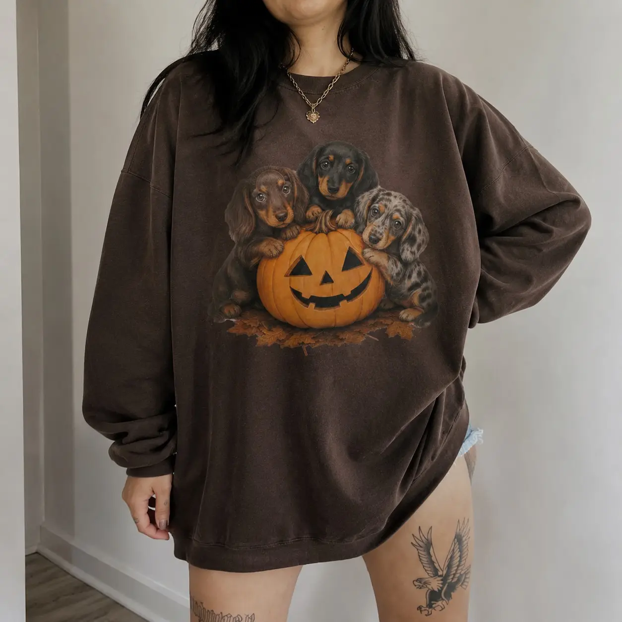 Retro Dachshund Pumpkin Halloween Sweatshirt, Fall Wiener Dog Mom Crewneck, Pet Lover Gift - photo 2