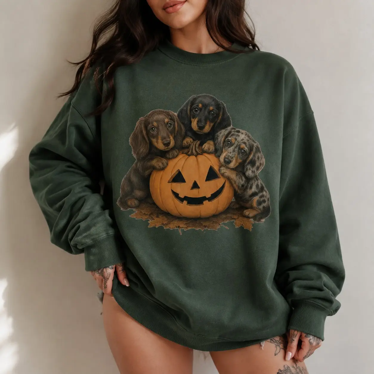 Retro Dachshund Pumpkin Halloween Sweatshirt, Fall Wiener Dog Mom Crewneck, Pet Lover Gift - photo 3