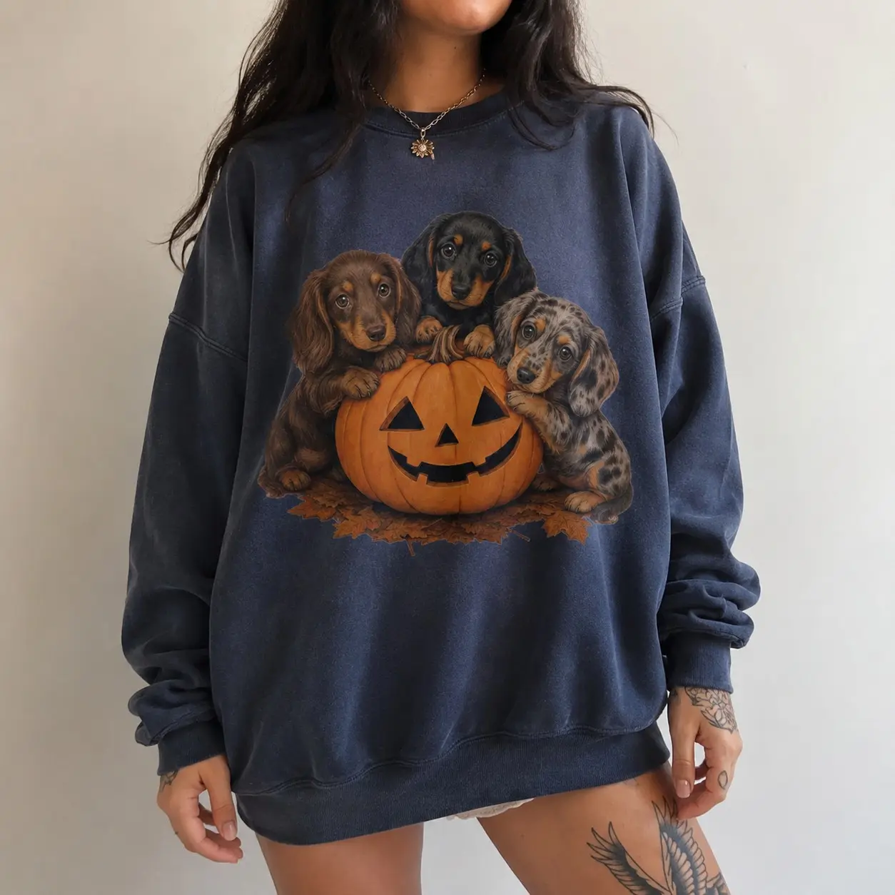 Retro Dachshund Pumpkin Halloween Sweatshirt, Fall Wiener Dog Mom Crewneck, Pet Lover Gift - photo 4
