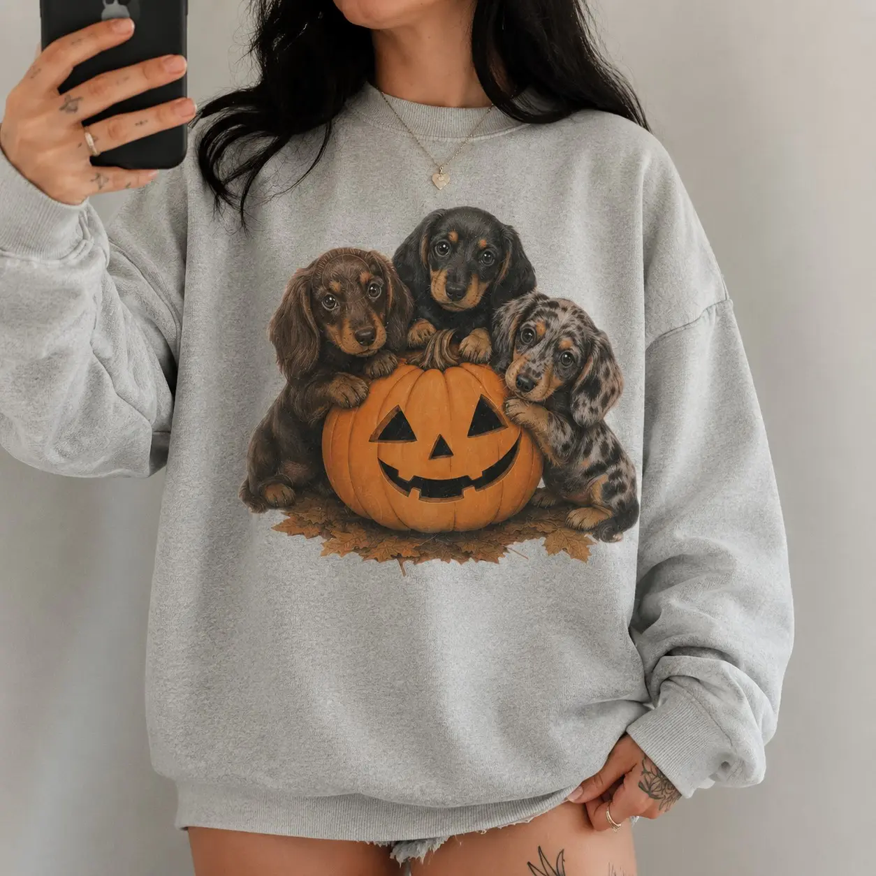 Retro Dachshund Pumpkin Halloween Sweatshirt, Fall Wiener Dog Mom Crewneck, Pet Lover Gift - photo 5