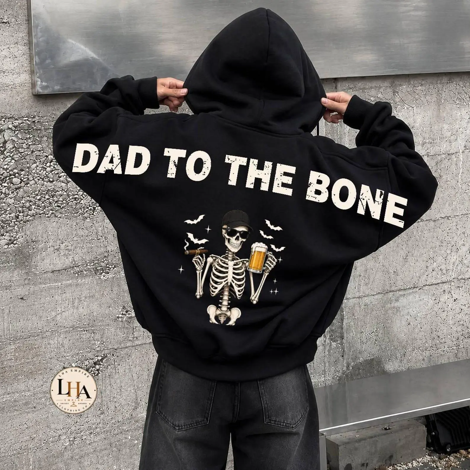 Dad To The Bone Across Back Sweatshirt, Skeleton Halloween Shoulder-To-Shoulder Lettering Gift For Him