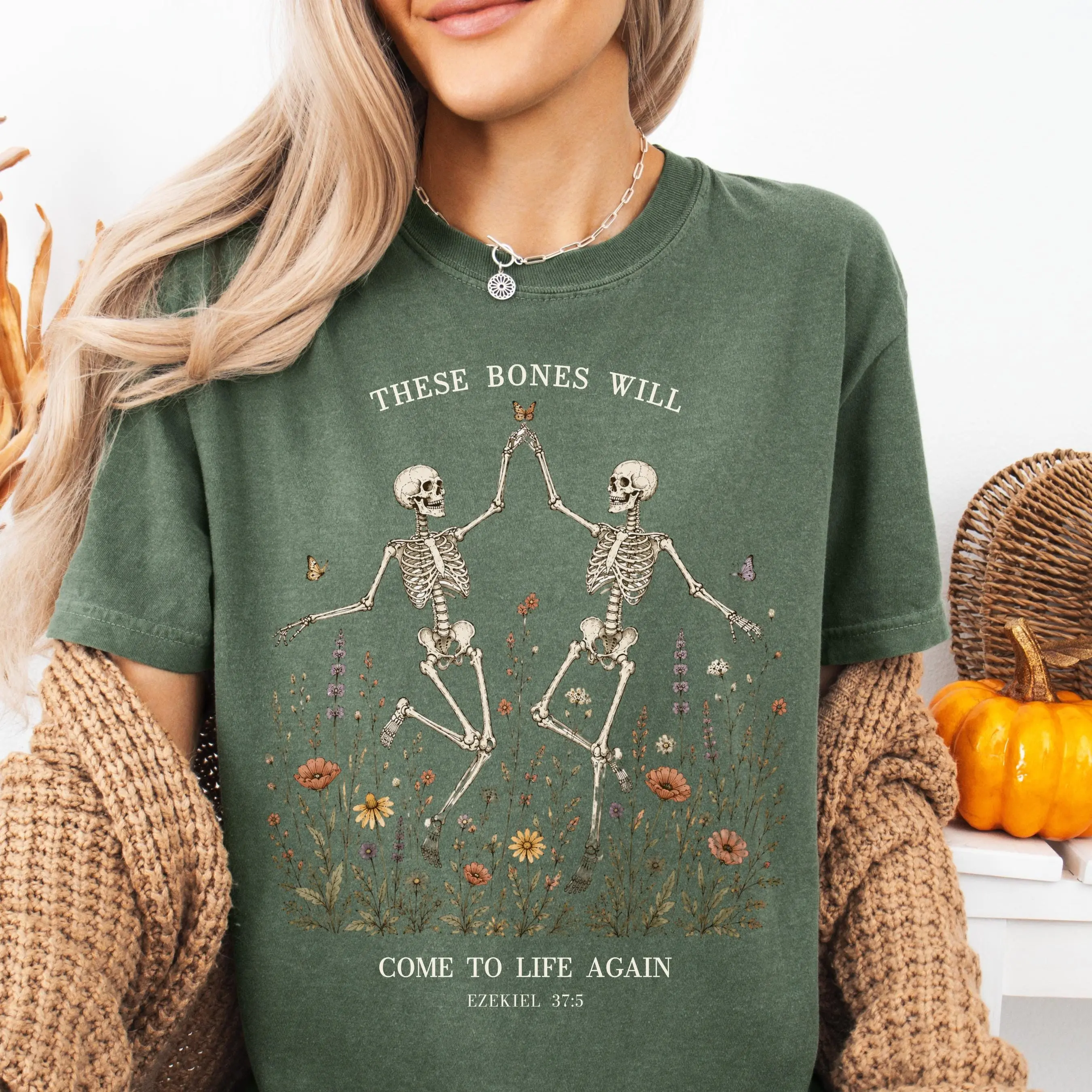 Dancing Skeleton Wildflower Shirt, Ezekiel 37 Dry Bones Bible Verse Tee, Christian Halloween Gift - photo 3
