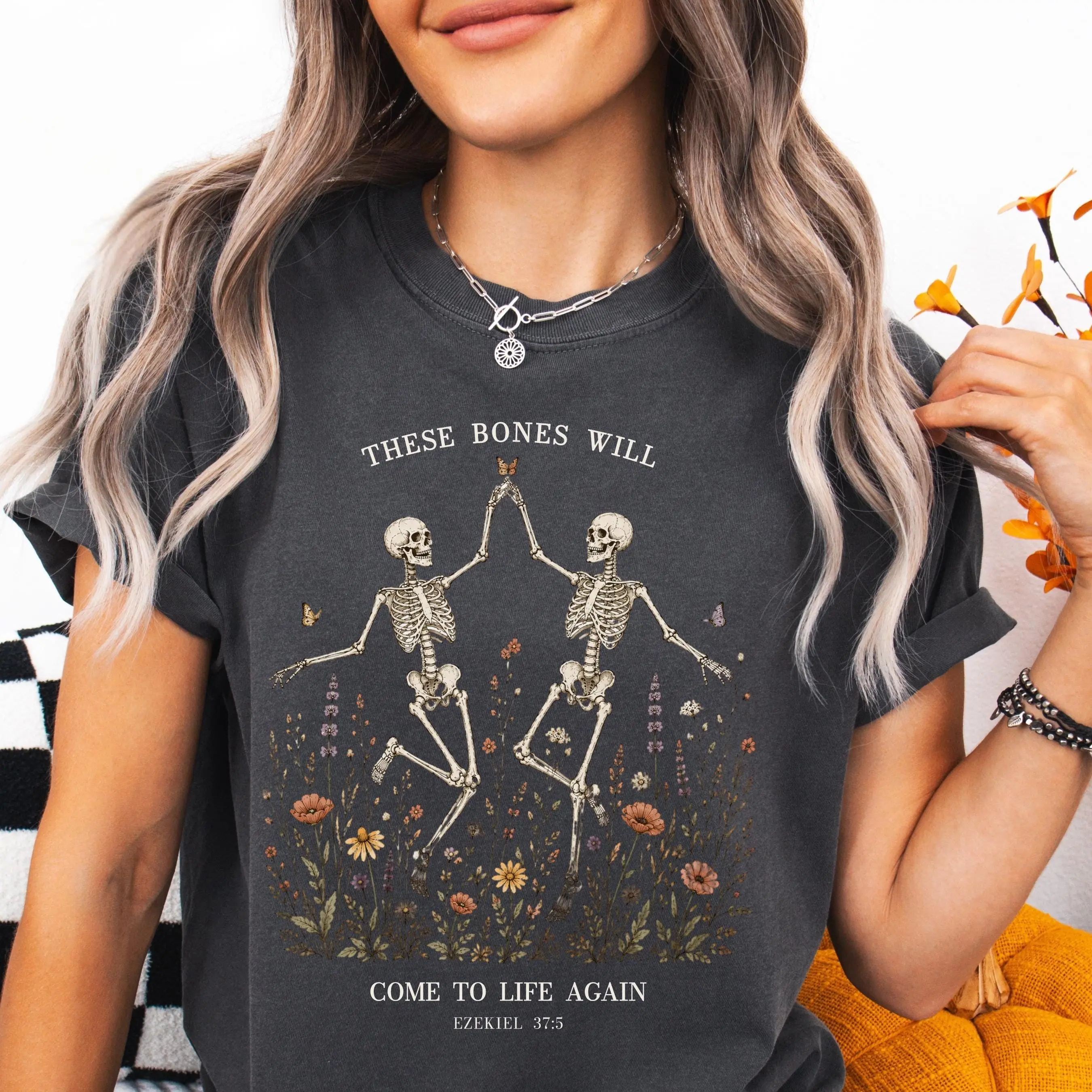 Dancing Skeleton Wildflower Shirt, Ezekiel 37 Dry Bones Bible Verse Tee, Christian Halloween Gift - photo 5