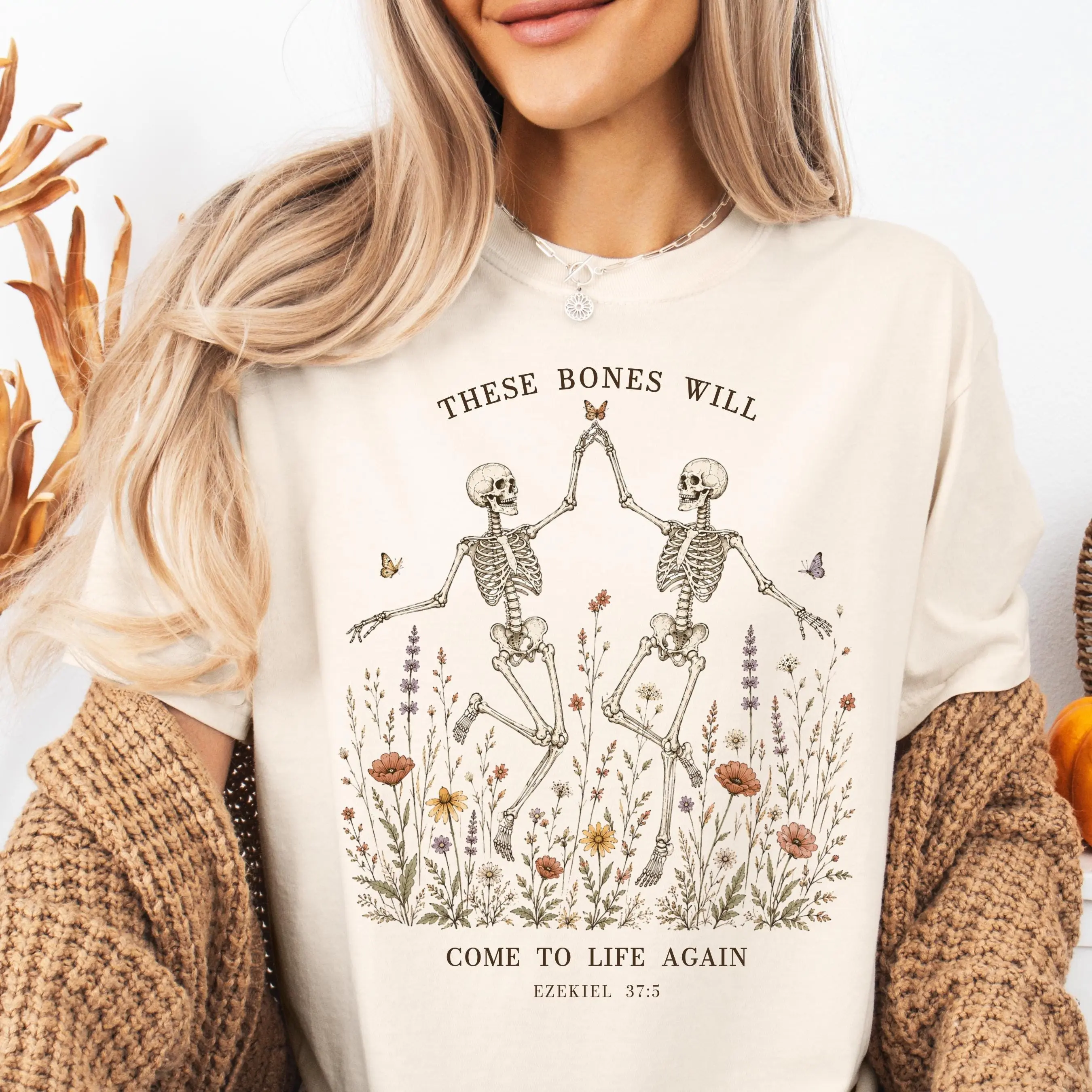 Dancing Skeleton Wildflower Sweatshirt, Ezekiel 37 Dry Bones Bible Verse Crewneck, Christian Halloween Gift - photo 1