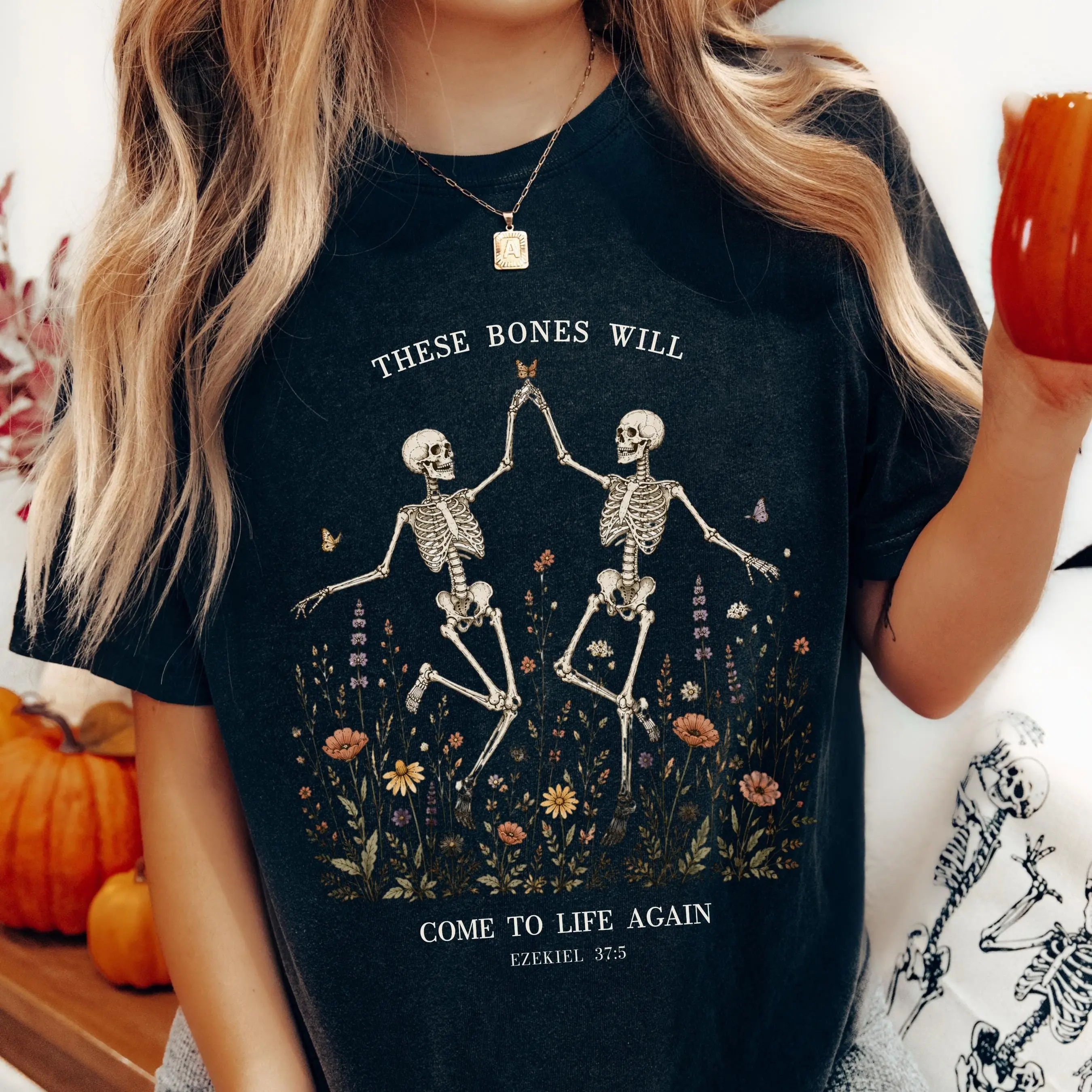 Dancing Skeleton Wildflower Sweatshirt, Ezekiel 37 Dry Bones Bible Verse Crewneck, Christian Halloween Gift - photo 2
