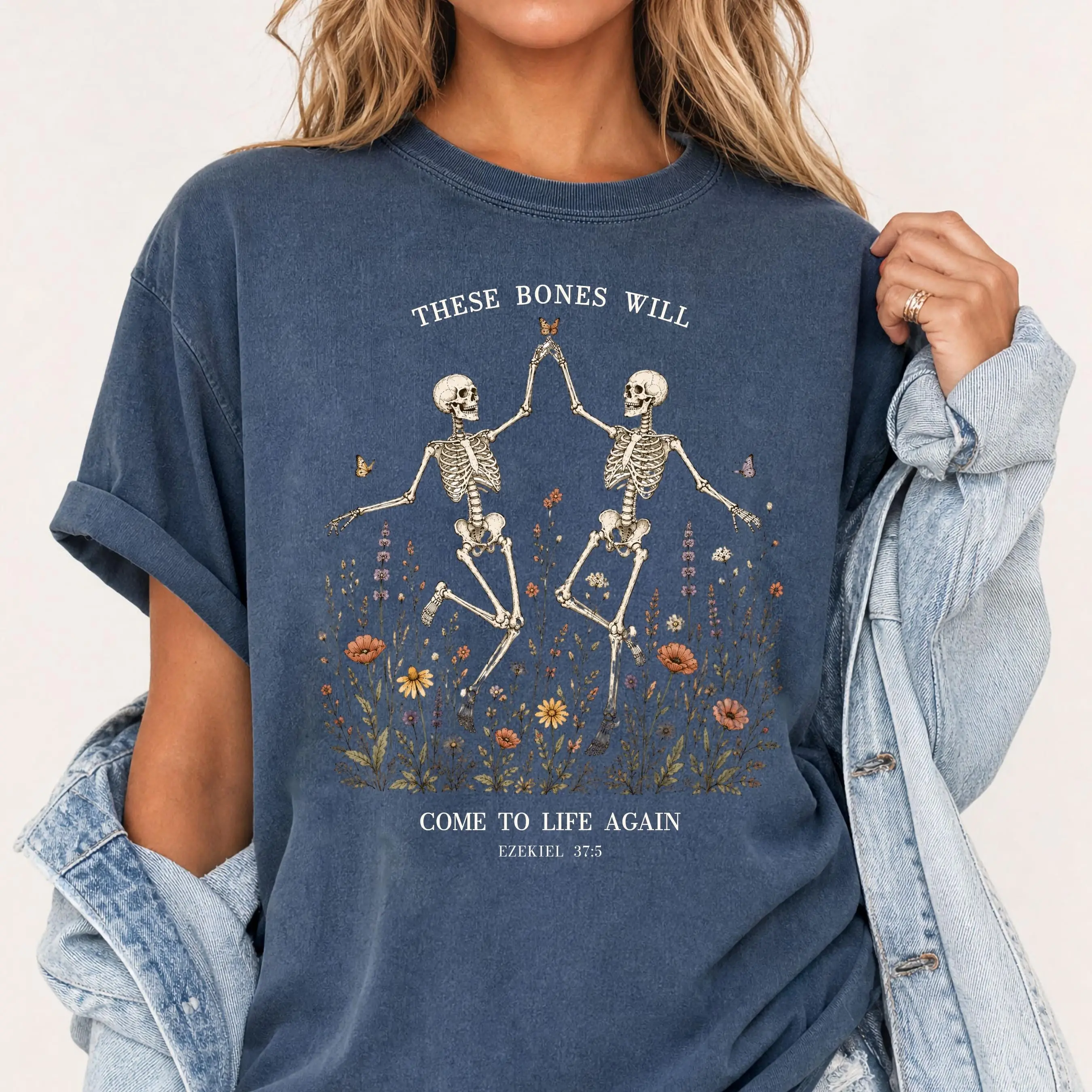 Dancing Skeleton Wildflower Sweatshirt, Ezekiel 37 Dry Bones Bible Verse Crewneck, Christian Halloween Gift - photo 4