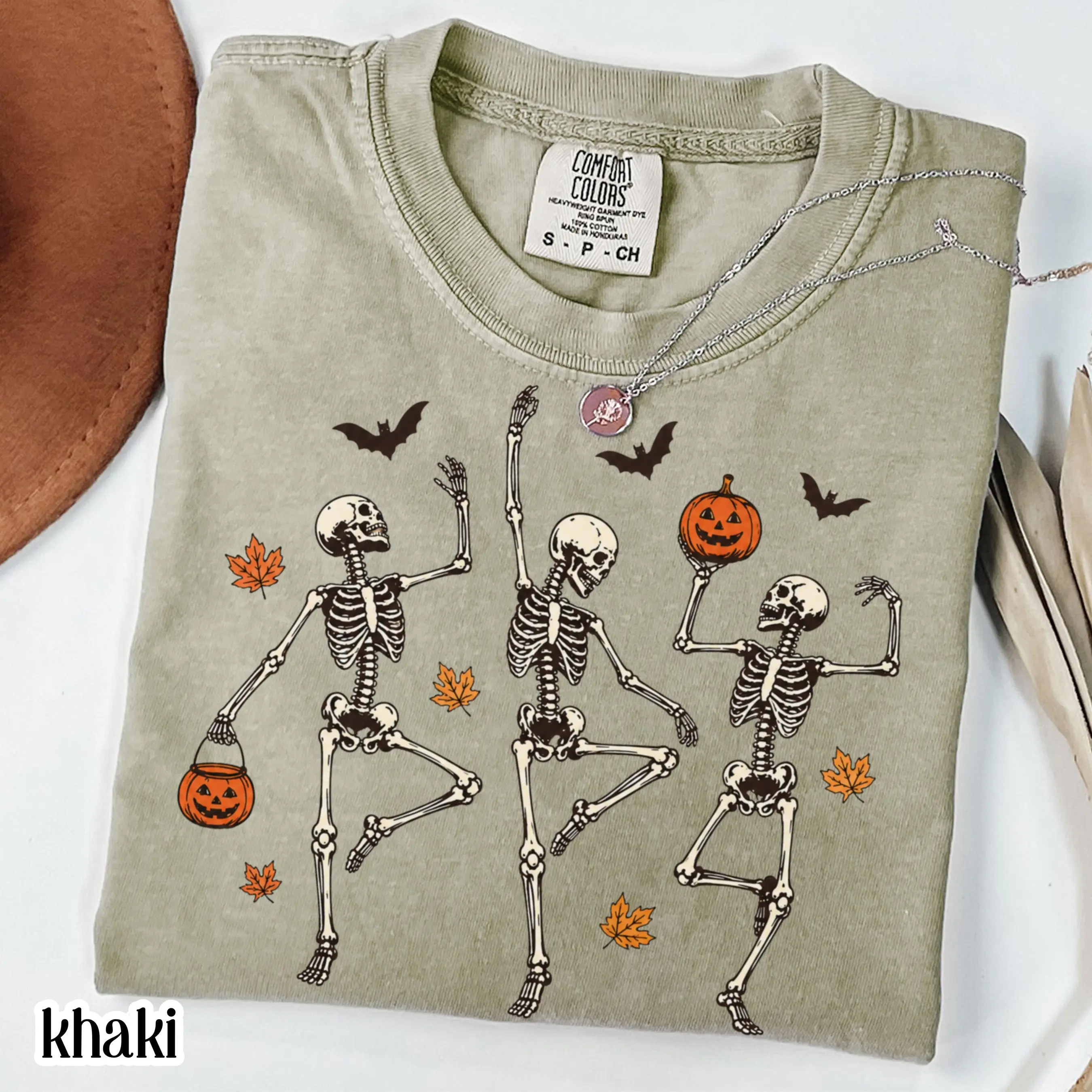 Dancing Skeleton Halloween Shirt, Comfort Colors Vintage Pumpkin Tee, Retro Funny Spooky Season Fall Leaves Top