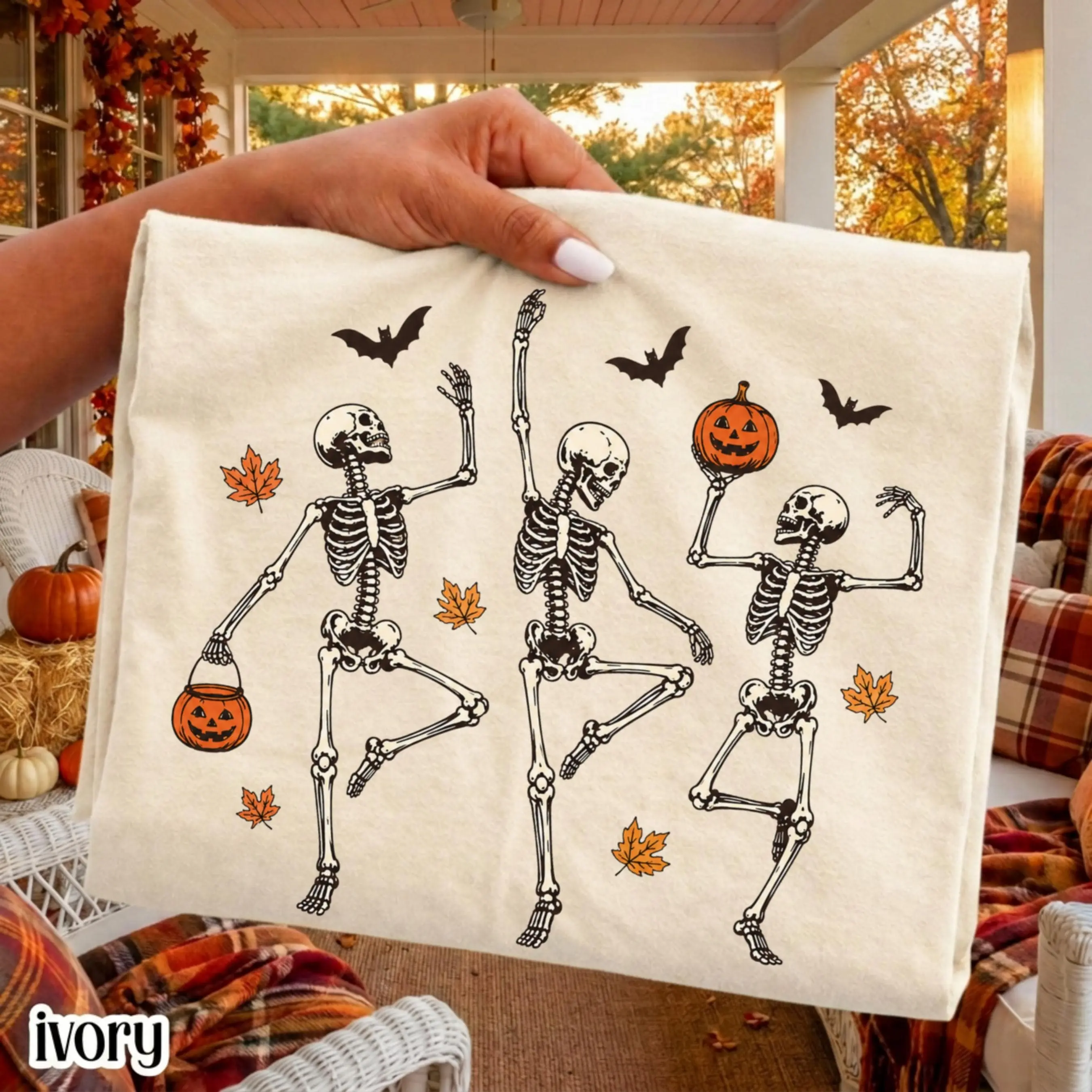 Dancing Skeleton Halloween Shirt, Comfort Colors Vintage Pumpkin Tee, Retro Funny Spooky Season Fall Leaves Top - photo 2