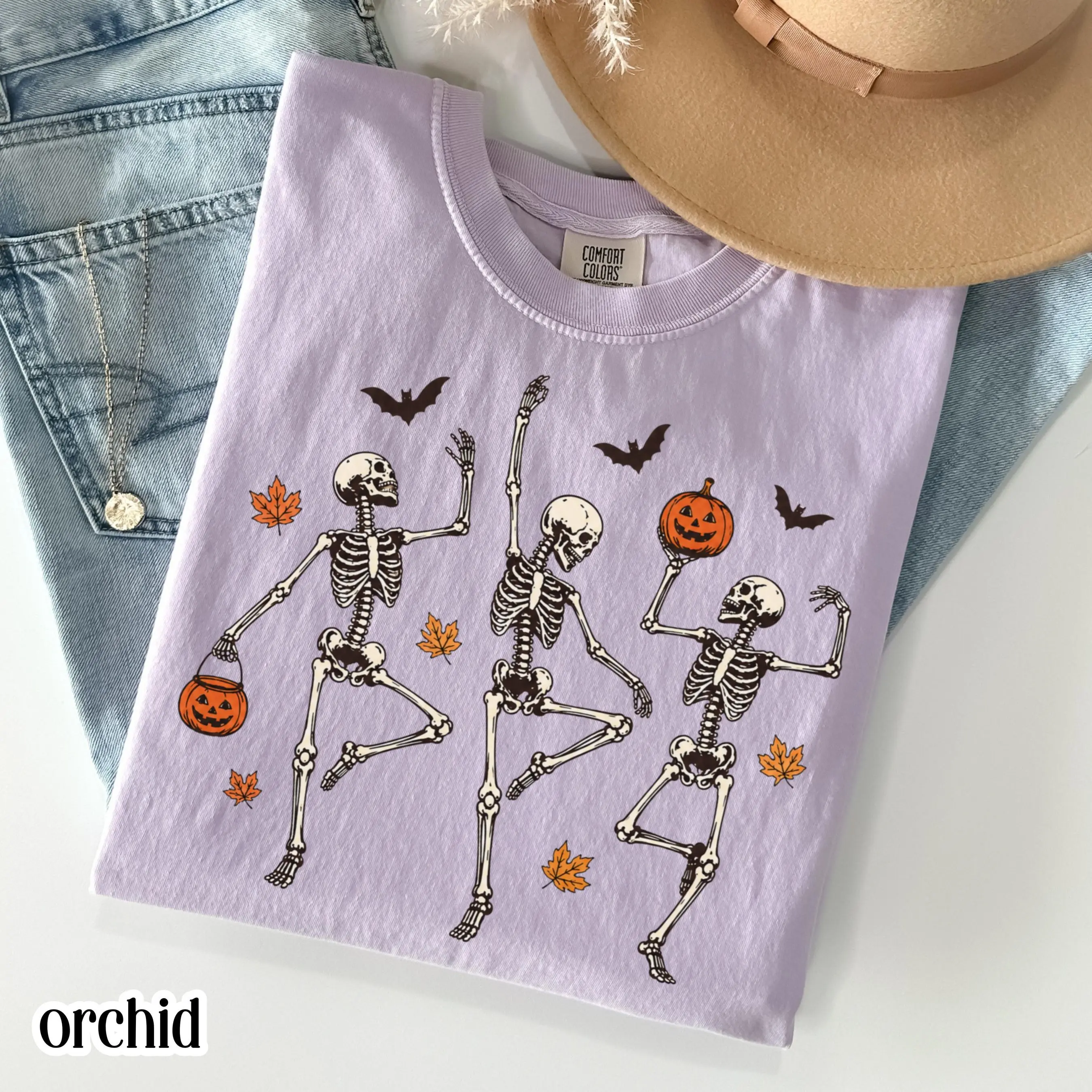 Dancing Skeleton Halloween Shirt, Comfort Colors Vintage Pumpkin Tee, Retro Funny Spooky Season Fall Leaves Top - photo 5