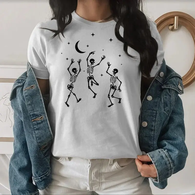 Dancing Skeleton Halloween Shirt, Funny Pumpkin Party Fall Costume Graphic Tee, Womens Gift