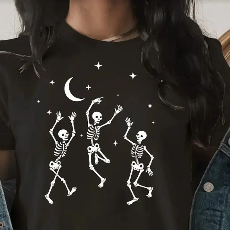 Dancing Skeleton Halloween Shirt, Funny Pumpkin Party Fall Costume Graphic Tee, Womens Gift - photo 2