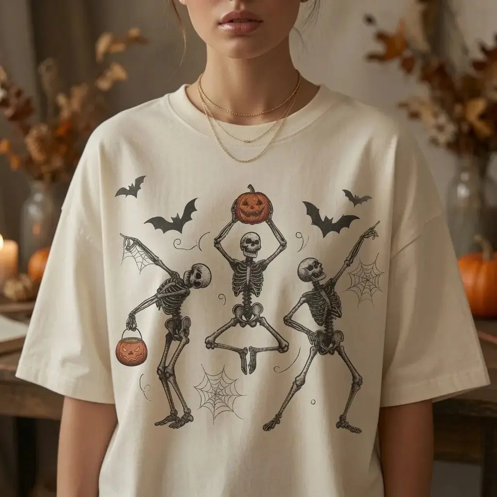 Dancing Skeleton Halloween Shirt, Vintage Retro Spooky Pumpkin Ghost Funny Cute Fall Graphic Tee