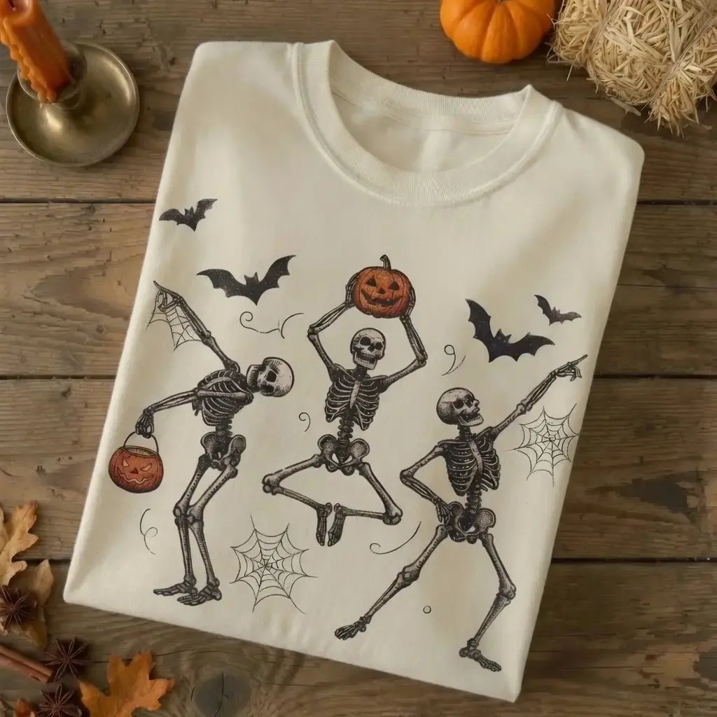 Dancing Skeleton Halloween Shirt, Vintage Retro Spooky Pumpkin Ghost Funny Cute Fall Graphic Tee - photo 2