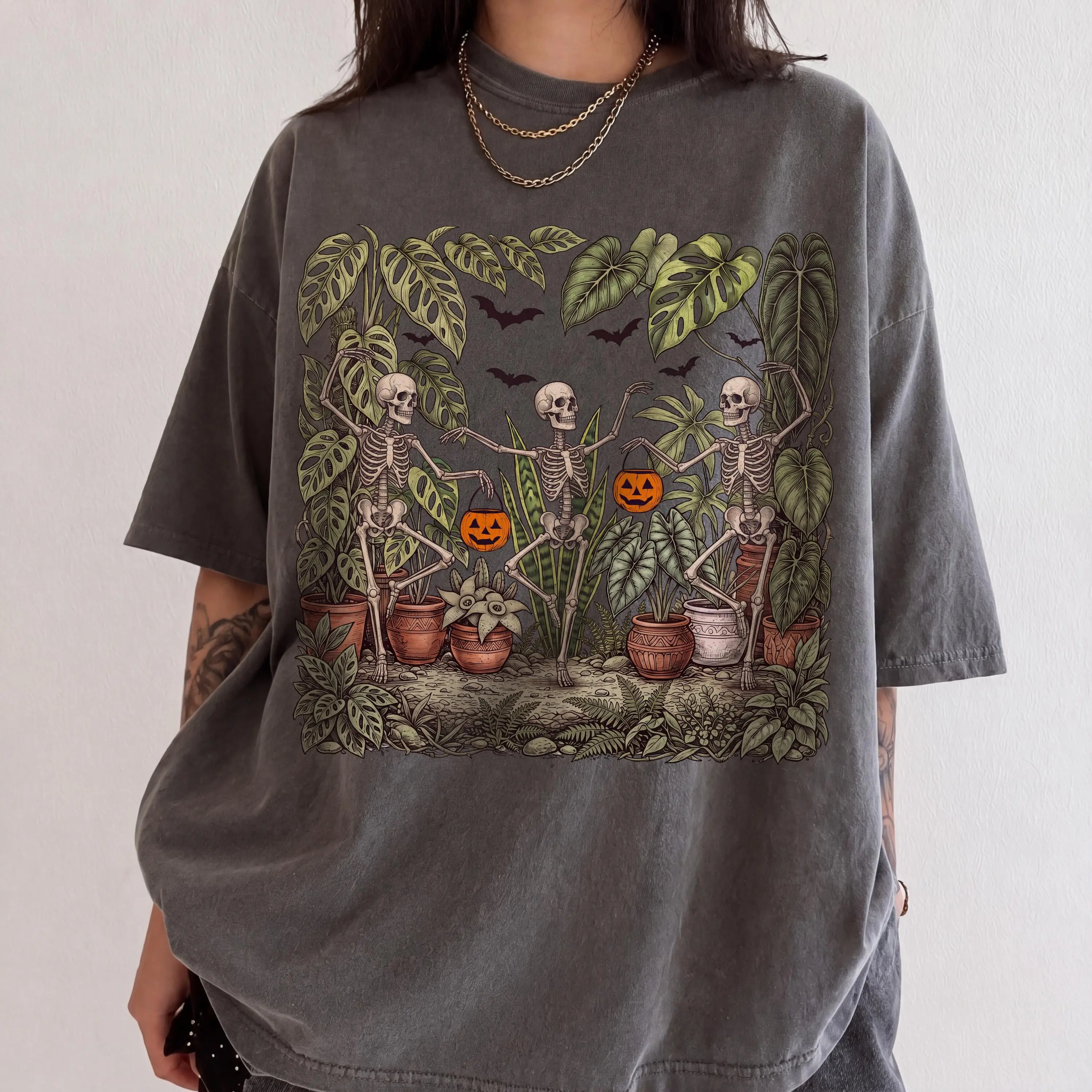 Comfort Colors Dancing Skeleton Houseplant Sweatshirt, Gothic Garden Dark Botanical Halloween Spooky Plant Lover Gift