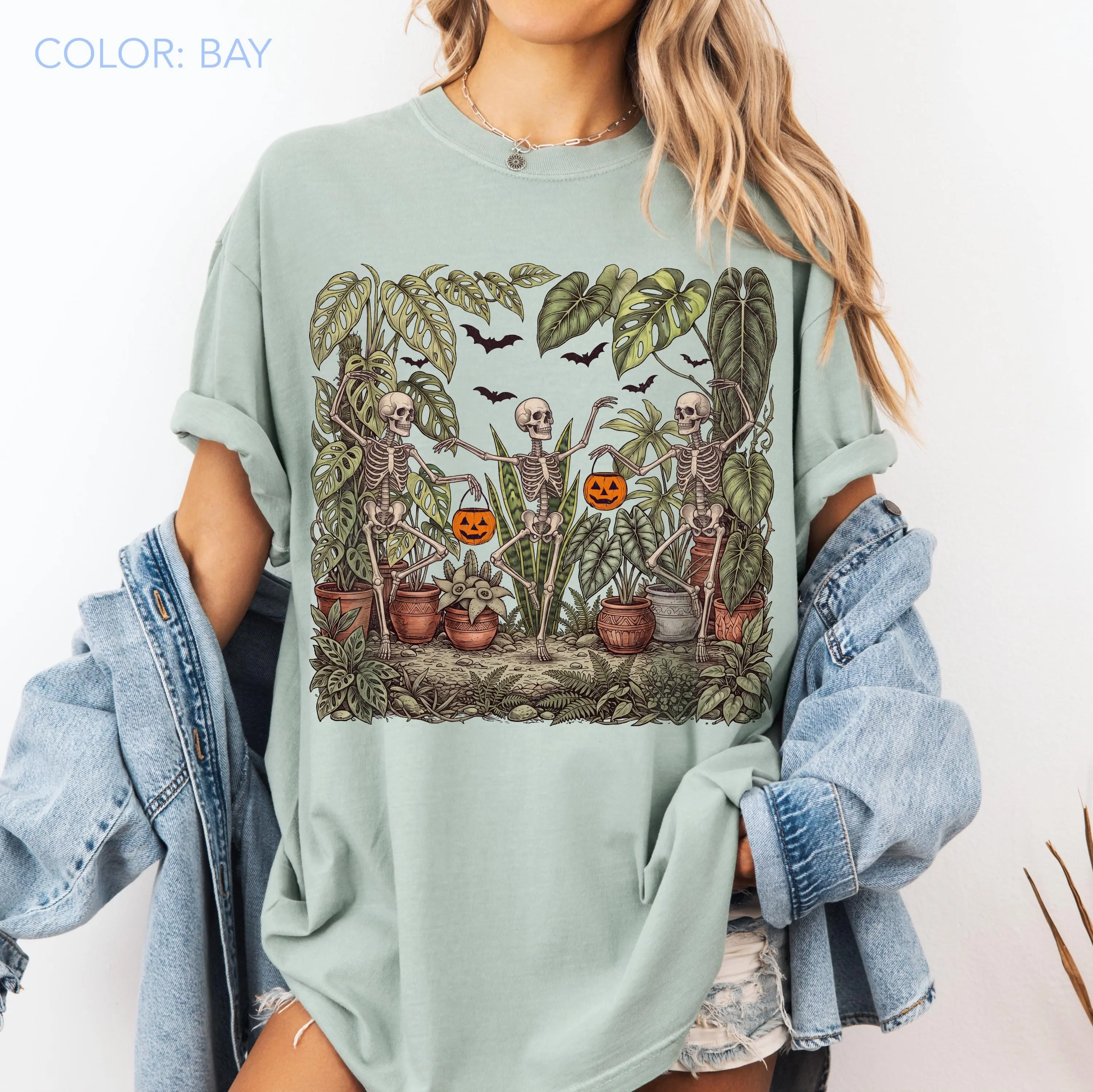 Comfort Colors Dancing Skeleton Houseplant Sweatshirt, Gothic Garden Dark Botanical Halloween Spooky Plant Lover Gift - photo 2