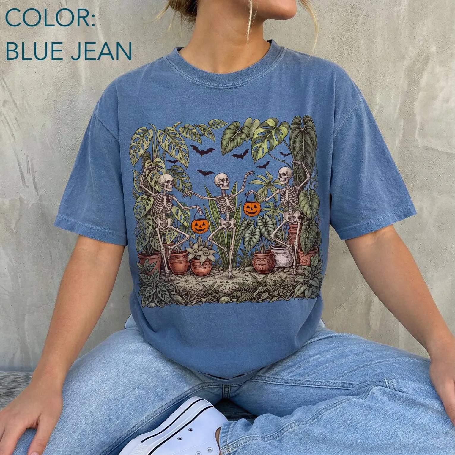 Comfort Colors Dancing Skeleton Houseplant Sweatshirt, Gothic Garden Dark Botanical Halloween Spooky Plant Lover Gift - photo 3