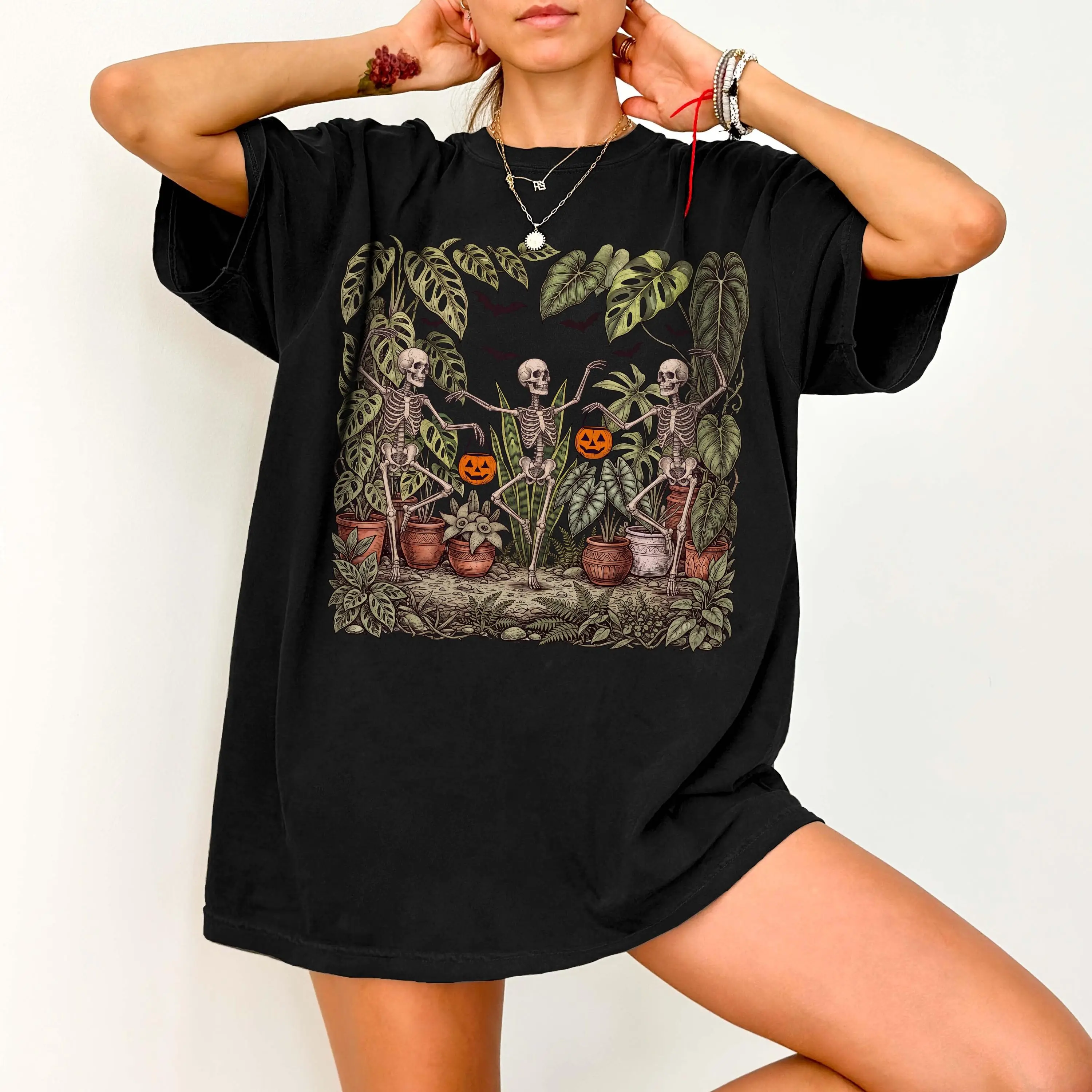 Comfort Colors Dancing Skeleton Houseplant Sweatshirt, Gothic Garden Dark Botanical Halloween Spooky Plant Lover Gift - photo 4