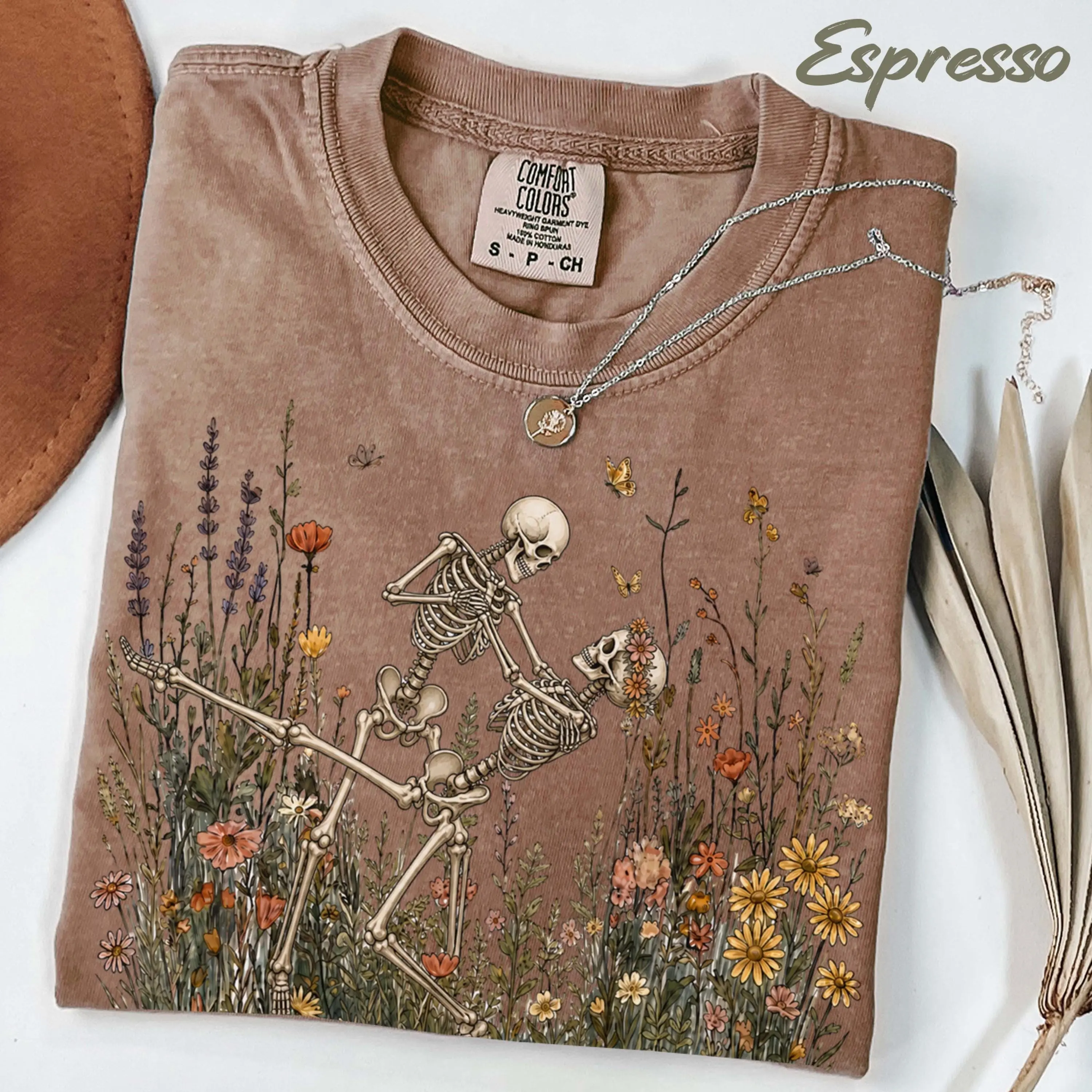 Comfort Colors Dancing Skeletons T-Shirt, Wildflower Cottagecore Halloween Ballet Floral Graphic Tee