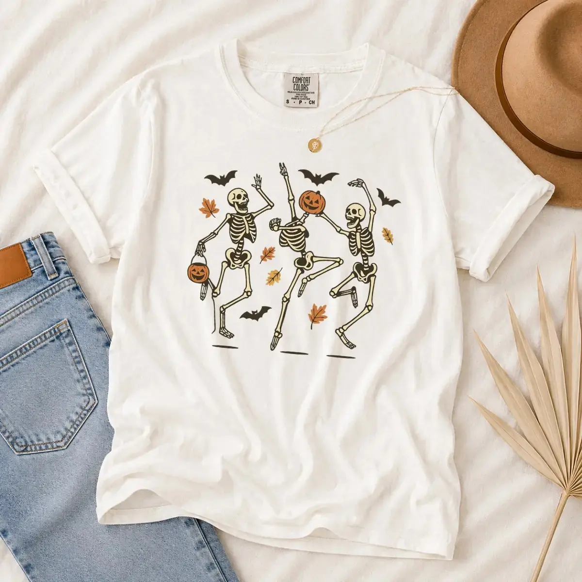 Dancing Skeletons Halloween Shirt, Comfort Colors Retro Spooky Season Vintage Pumpkin Bats Graphic Tee, Fall Top