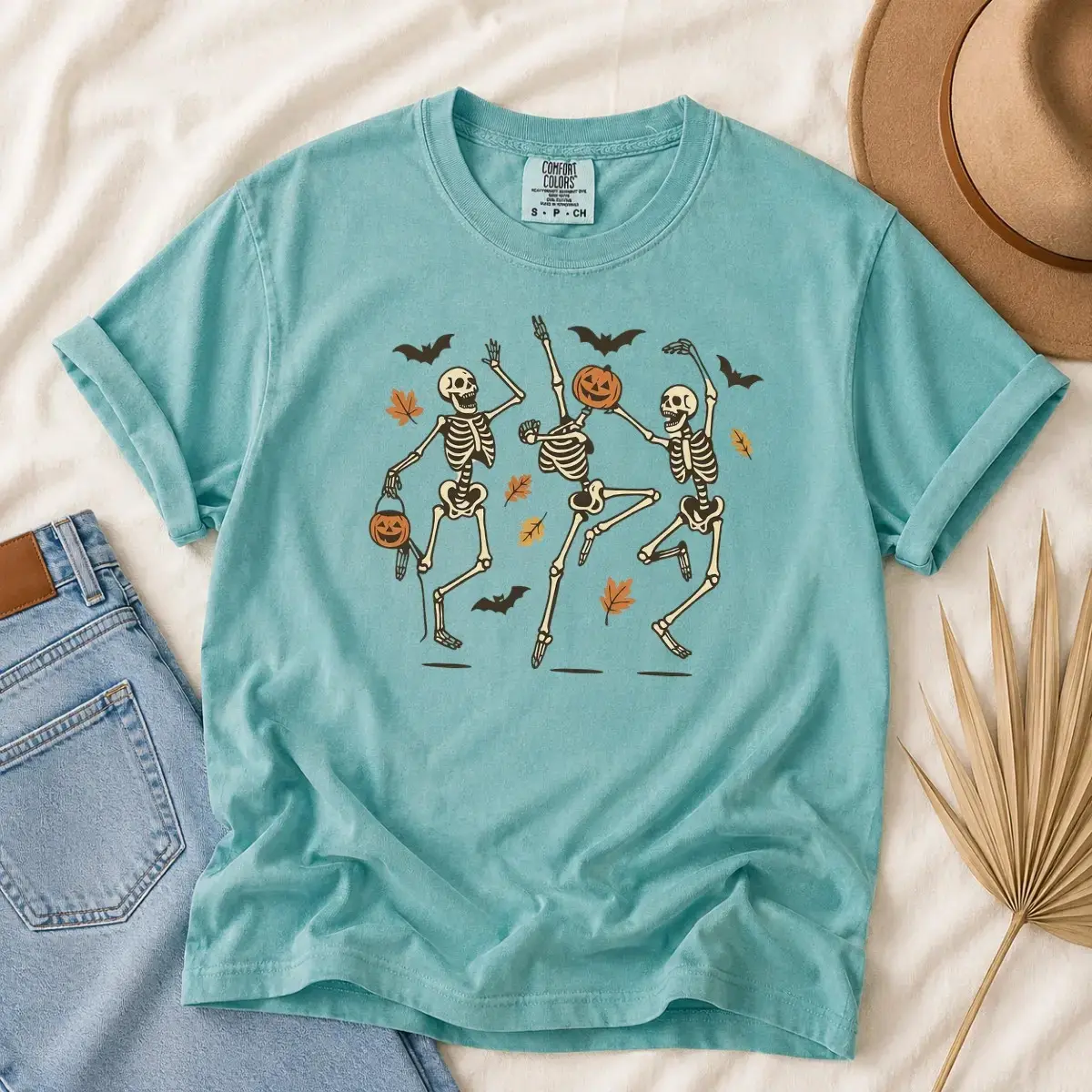 Dancing Skeletons Halloween Shirt, Comfort Colors Retro Spooky Season Vintage Pumpkin Bats Graphic Tee, Fall Top - photo 2