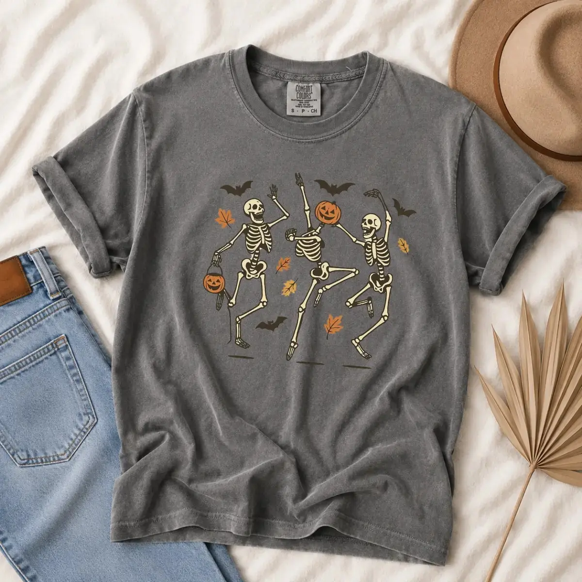 Dancing Skeletons Halloween Shirt, Comfort Colors Retro Spooky Season Vintage Pumpkin Bats Graphic Tee, Fall Top - photo 3