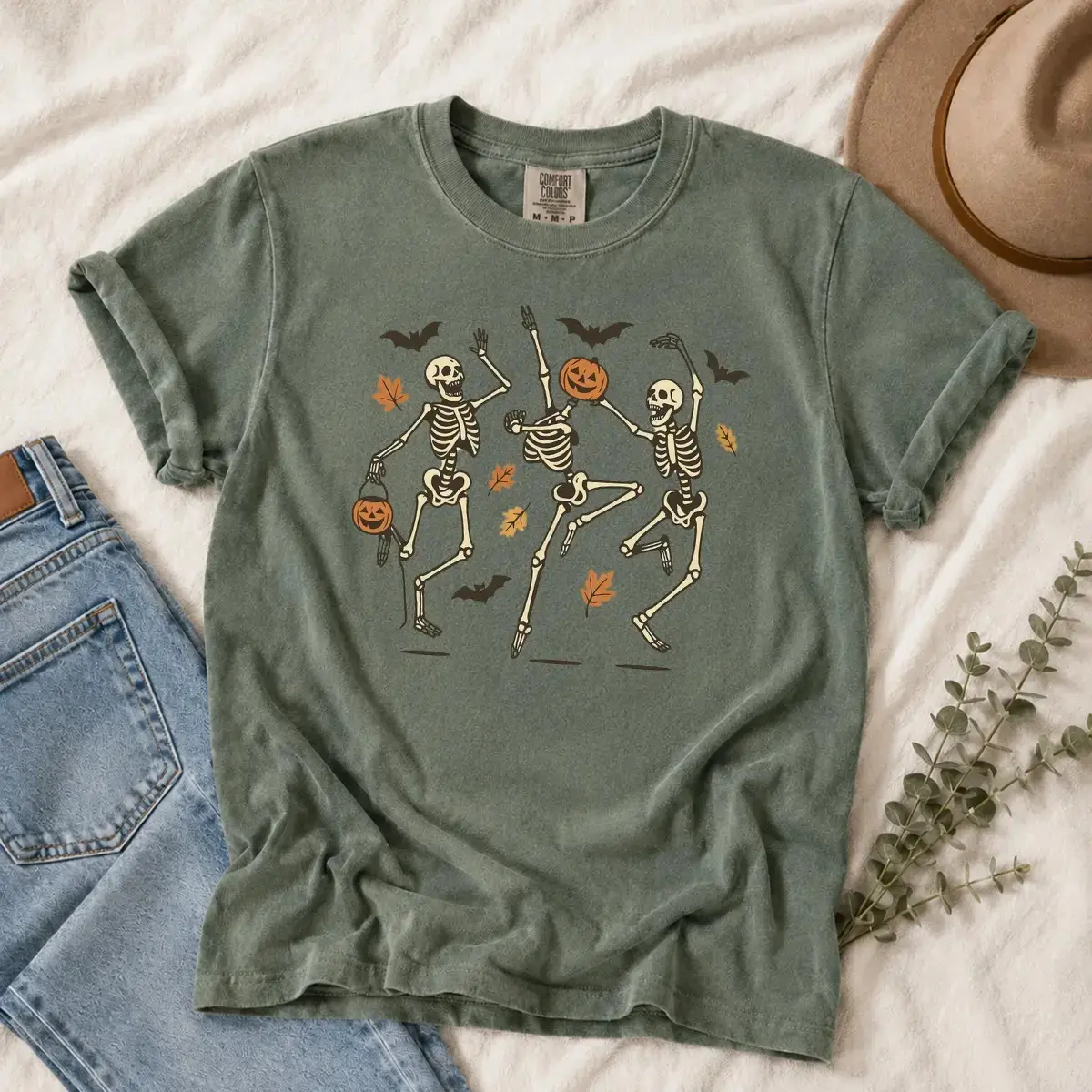 Dancing Skeletons Halloween Shirt, Comfort Colors Retro Spooky Season Vintage Pumpkin Bats Graphic Tee, Fall Top - photo 4