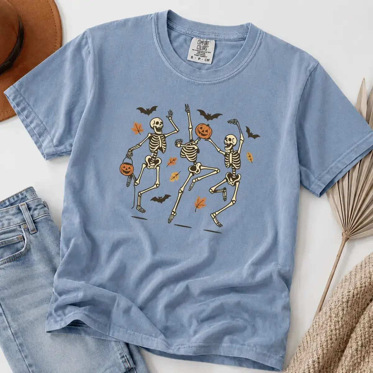 Dancing Skeletons Halloween Shirt, Comfort Colors Retro Spooky Season Vintage Pumpkin Bats Graphic Tee, Fall Top - photo 5