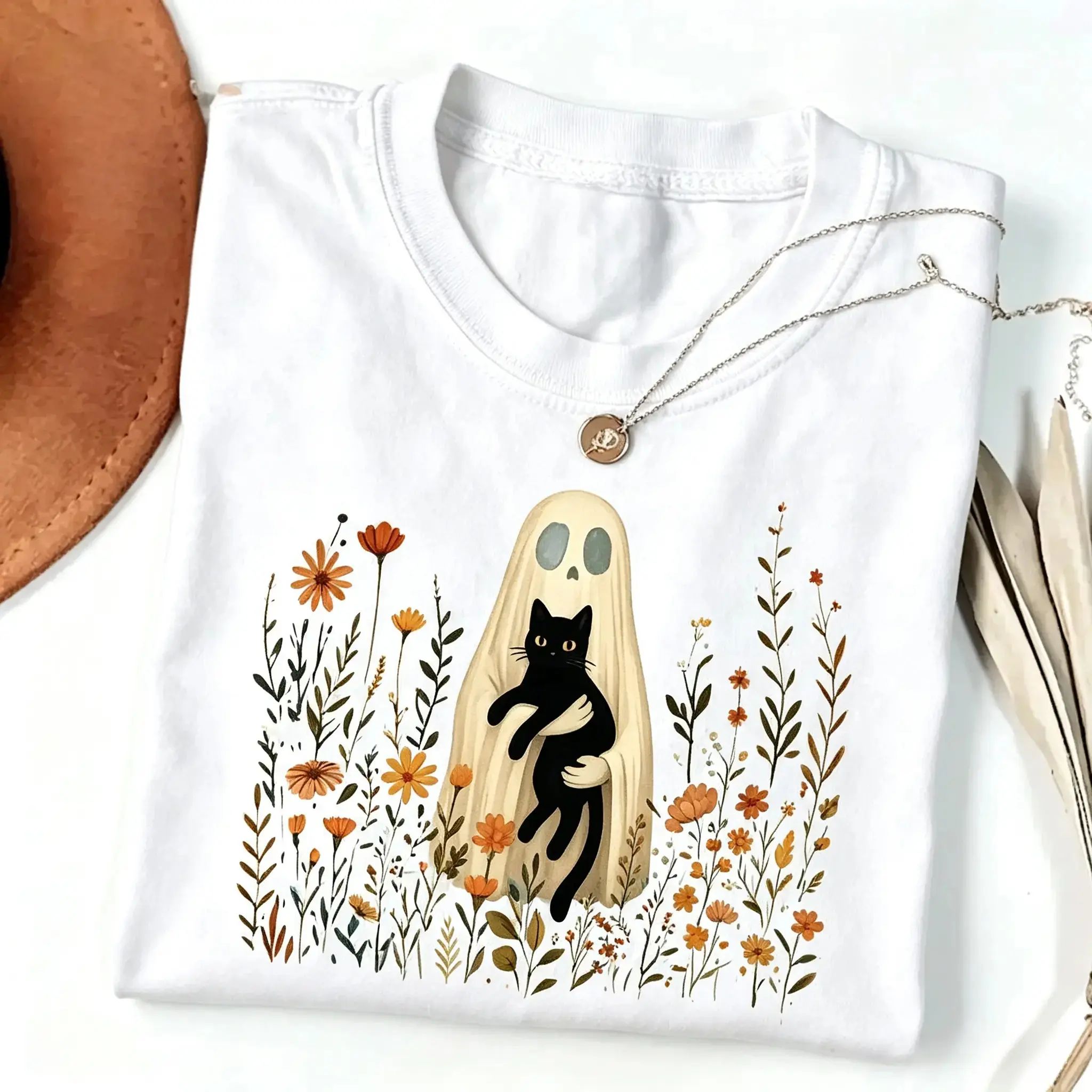 Dark Cottagecore Spooky Ghost Cat Graphic T-Shirt, Vintage Floral Print Cotton Baggy Plus Size Tee For Women - photo 2