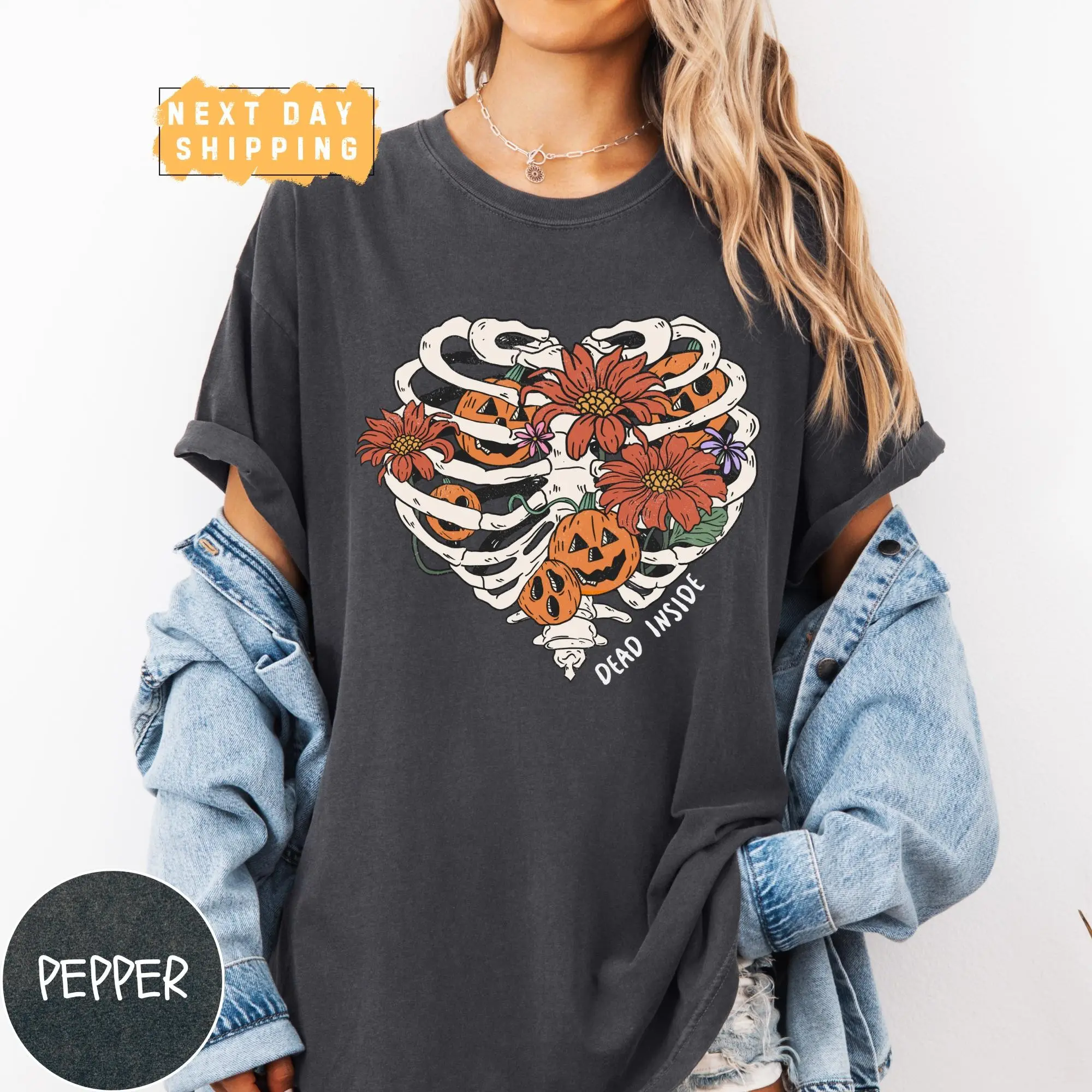 Dead Inside Halloween Comfort Colors Shirt, Funny Women's Skeleton Fall Graphic Tee - photo 2