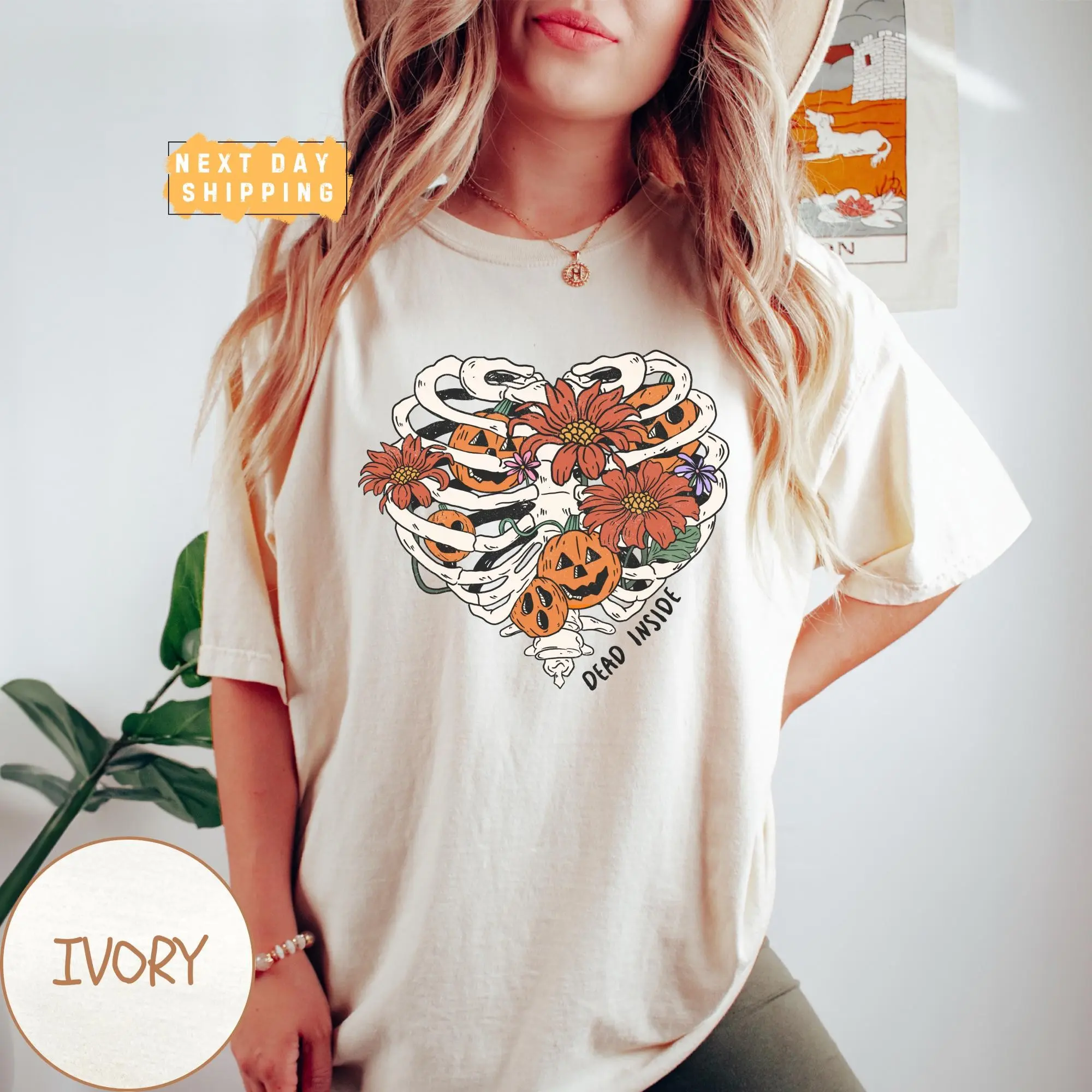 Dead Inside Halloween Comfort Colors Shirt, Funny Women's Skeleton Fall Graphic Tee - photo 3