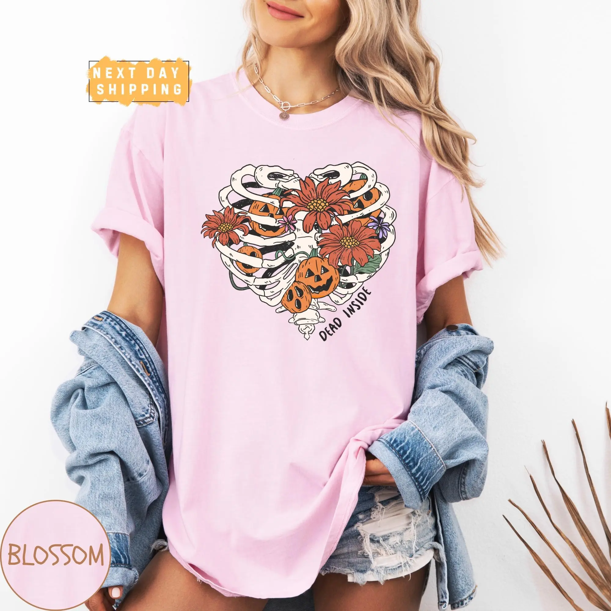 Dead Inside Halloween Comfort Colors Shirt, Funny Women's Skeleton Fall Graphic Tee - photo 4