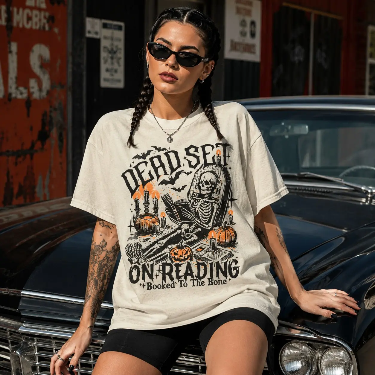 Comfort Colors Dead Set on Reading T-Shirt, Halloween Skeleton Funny Skellie Mama Spooky Season Book Lover Tee
