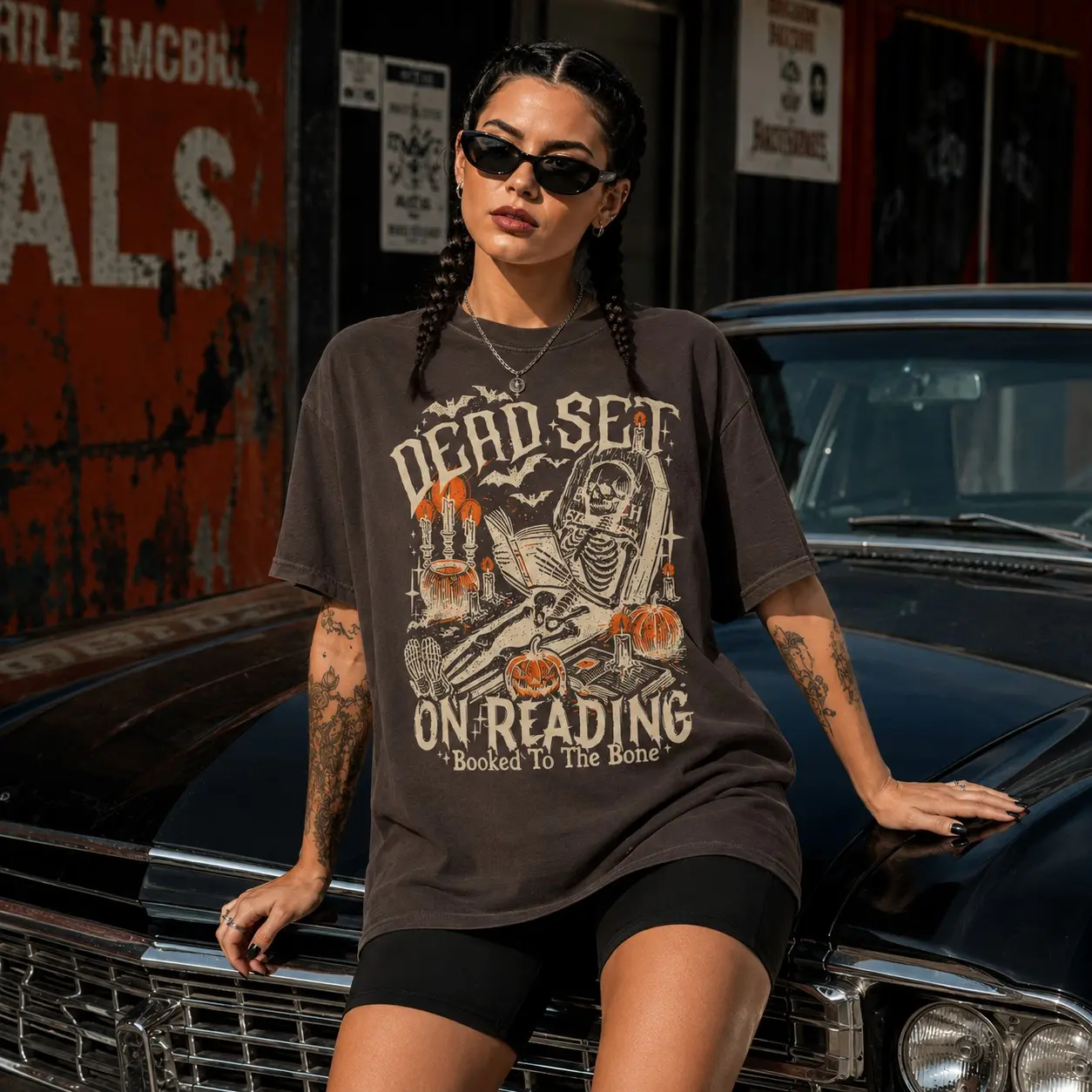 Comfort Colors Dead Set on Reading T-Shirt, Halloween Skeleton Funny Skellie Mama Spooky Season Book Lover Tee - photo 3