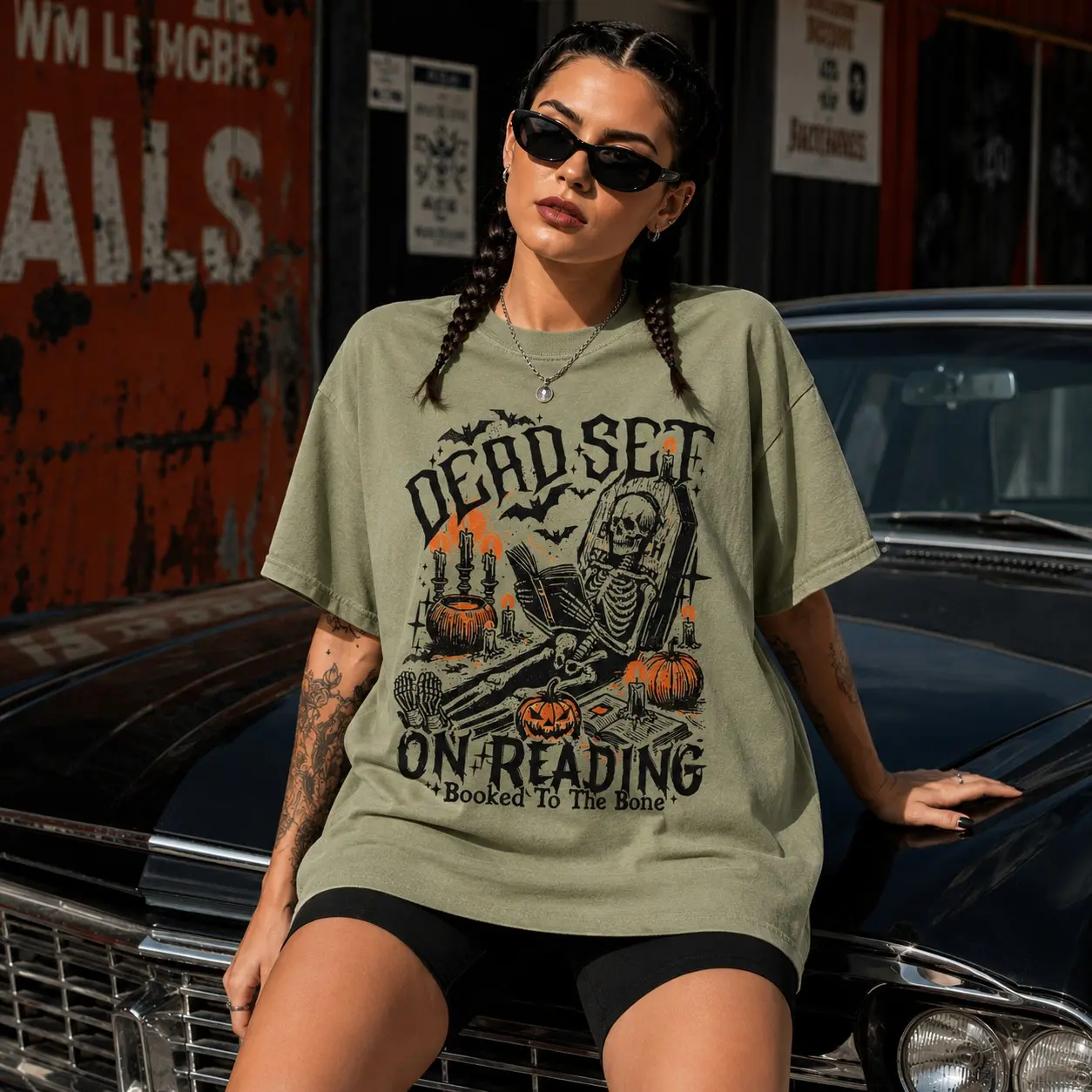 Comfort Colors Dead Set on Reading T-Shirt, Halloween Skeleton Funny Skellie Mama Spooky Season Book Lover Tee - photo 4